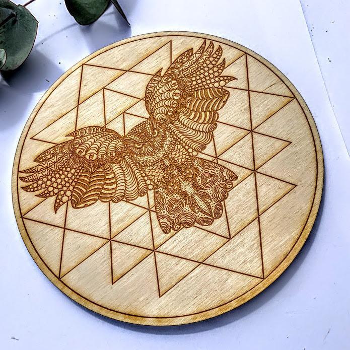 Crystal Mandala Set -Includes Owl Sri Yantra Birch Wood Board, Natural Golden Spirit Quartz & 6 Golden Healer Quartz Points - Earth Family Crystals