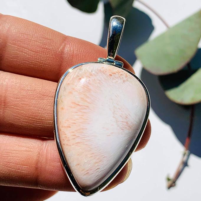 Stunning Silky Scolecite & Pink Stilbite  Sterling Silver Pendant (Includes Silver Chain) #1 - Earth Family Crystals