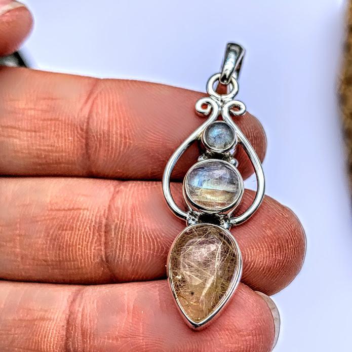 Golden Rutilated Quartz & Rainbow Moonstone Pendant in Sterling Silver (Includes Silver Chain) #2 - Earth Family Crystals