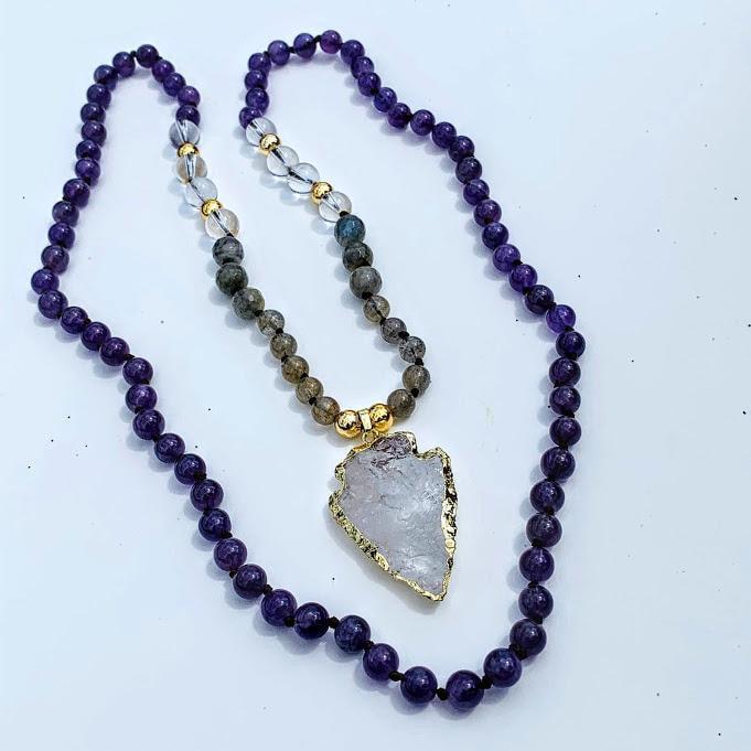 Beautiful Beaded Amethyst, Labradorite & Clear Quartz Long Mala Style Necklace - Earth Family Crystals