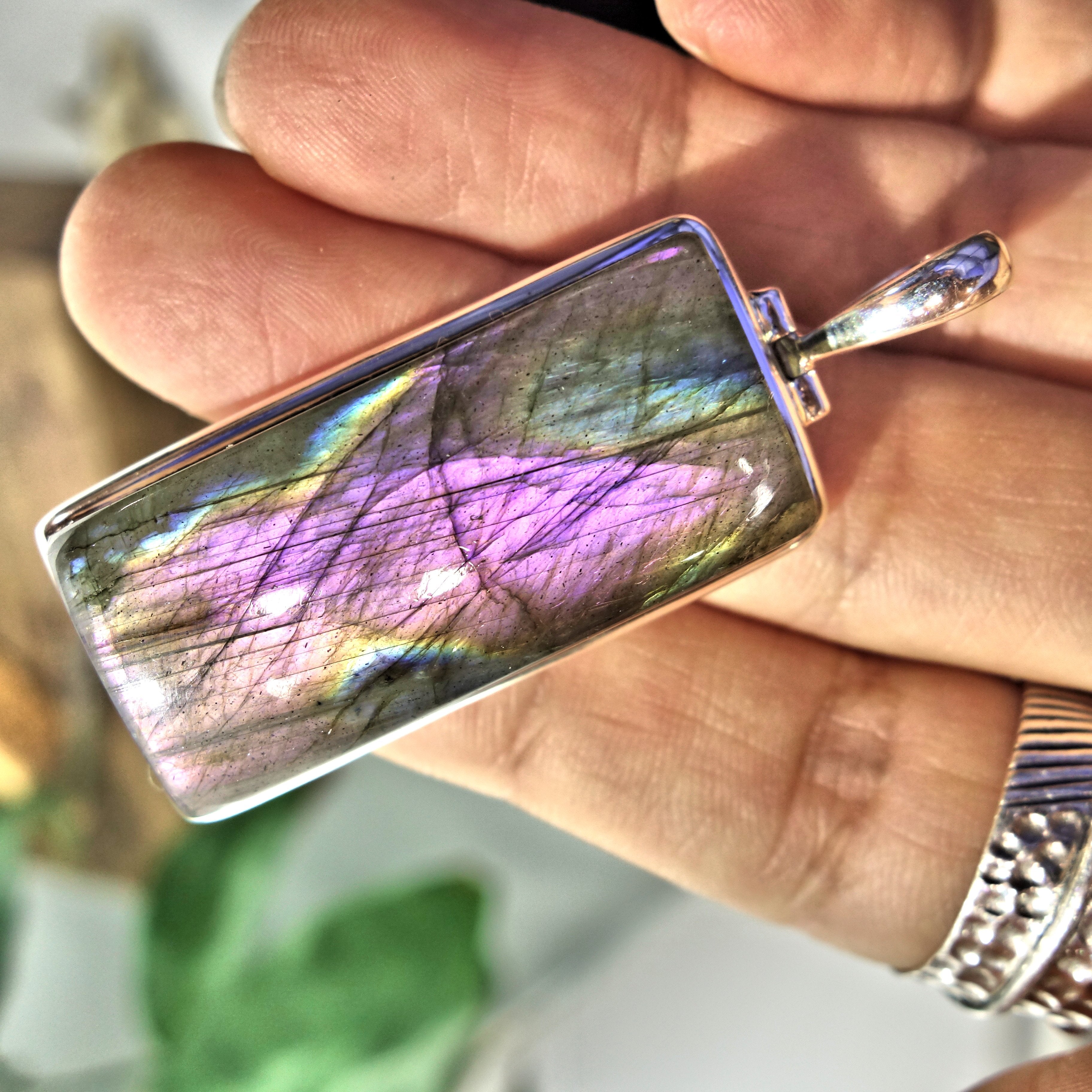 Rare! Large Purple & Pink Flash Labradorite Pendant in Sterling Silver (Includes Silver Chain)