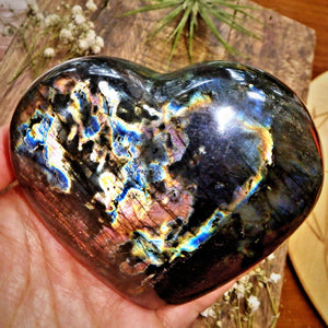 Rainbows of Flash Large Labradorite Love Heart with Satin Black Shimmer - Earth Family Crystals