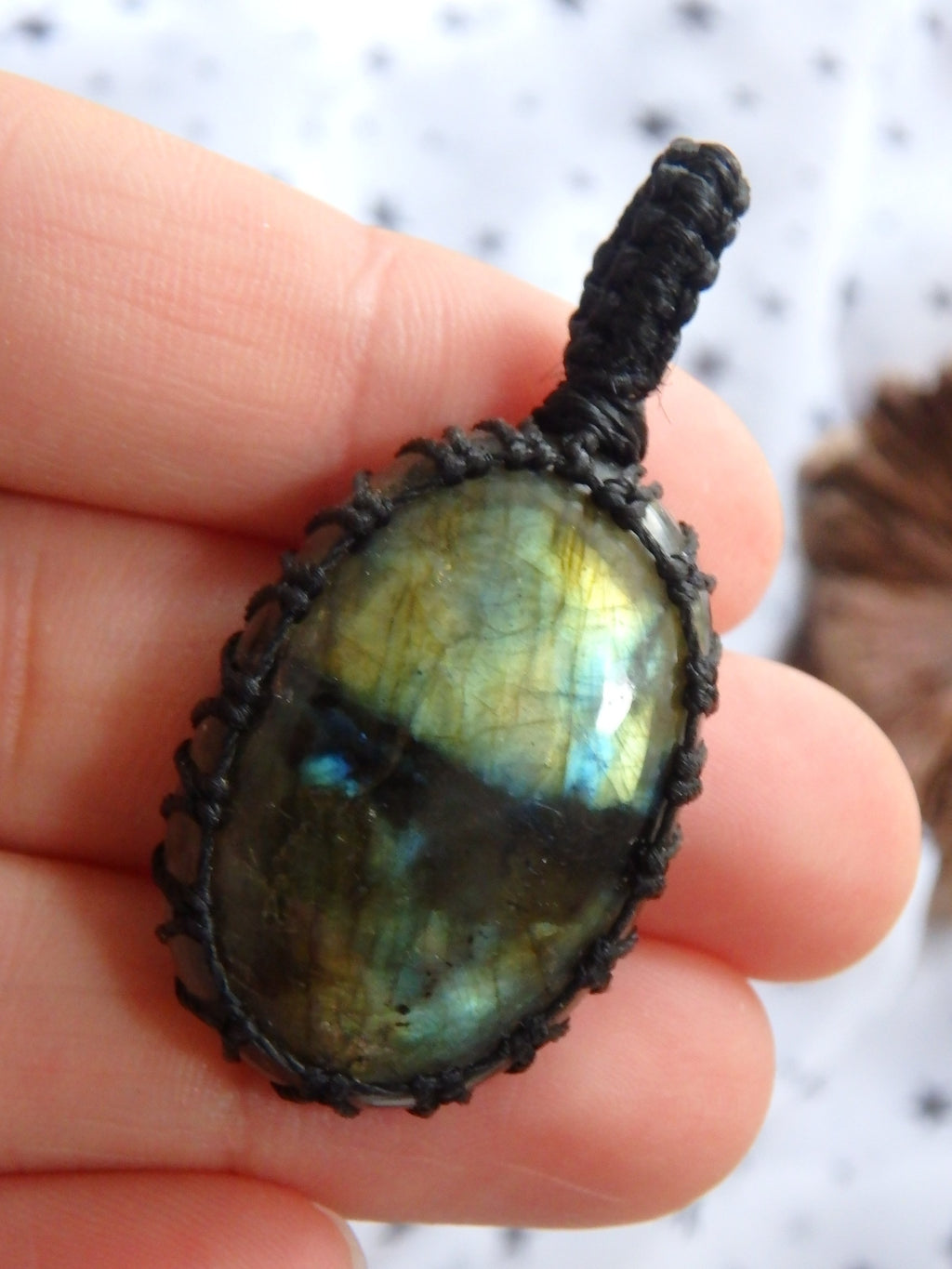 Gorgeous Flashes Labradorite Macrame Pendant - Earth Family Crystals