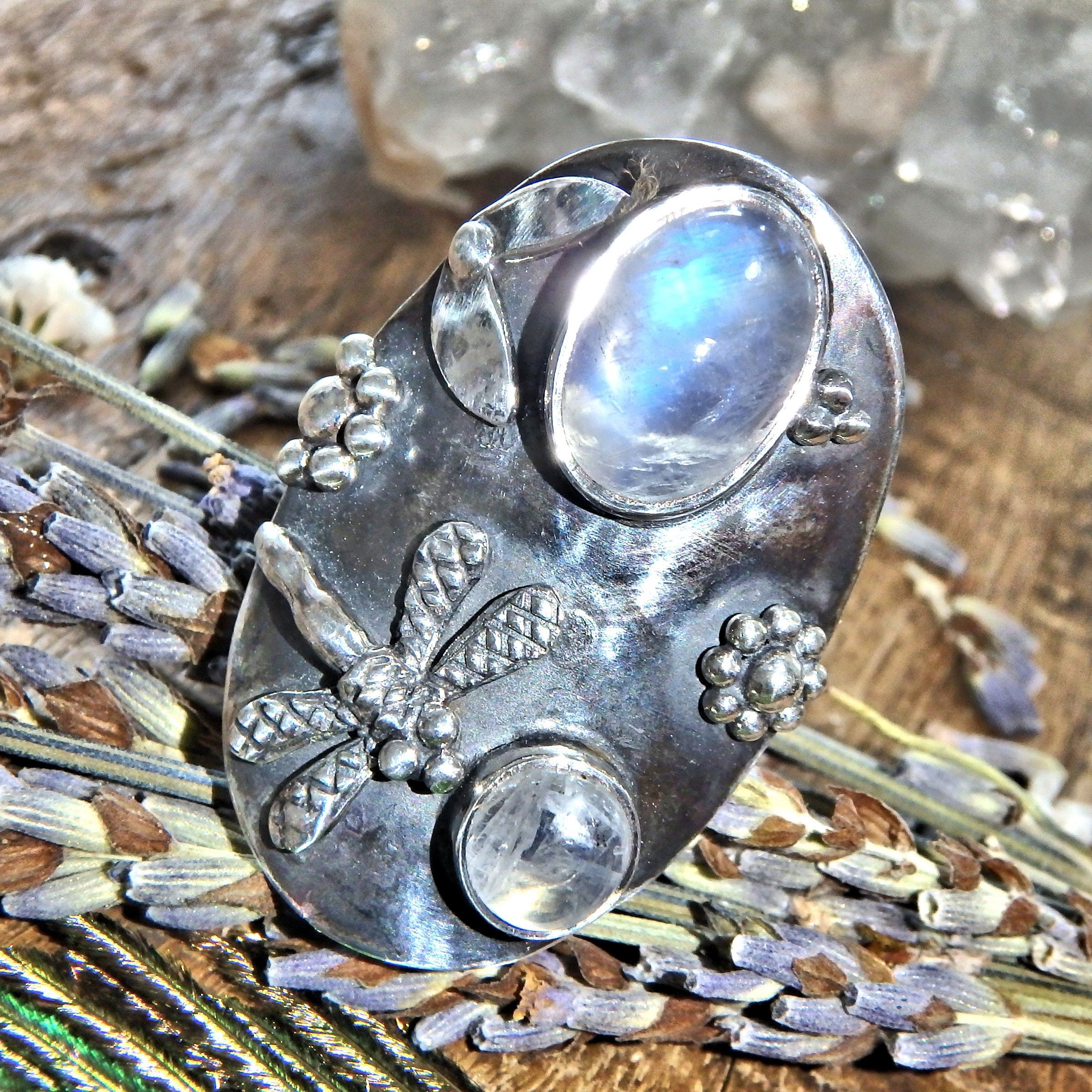 Chunky Dragonfly & Rainbow Moonstone Ring In Sterling Silver (Size 8) - Earth Family Crystals