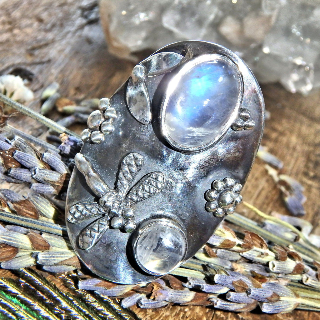 Chunky Dragonfly & Rainbow Moonstone Ring In Sterling Silver (Size 8) - Earth Family Crystals