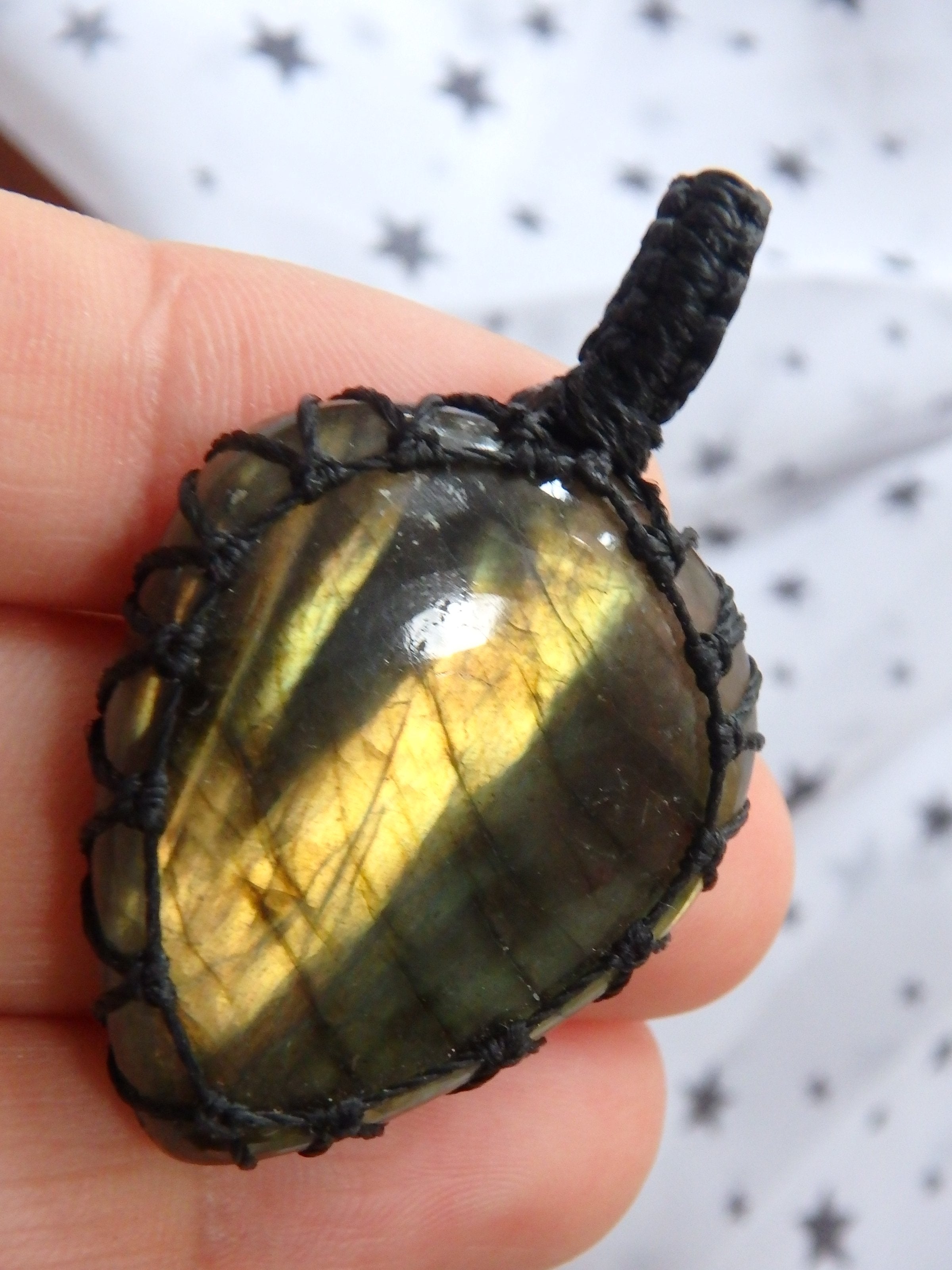 Flashes of Gold & Green Labradorite Macrame Pendant - Earth Family Crystals
