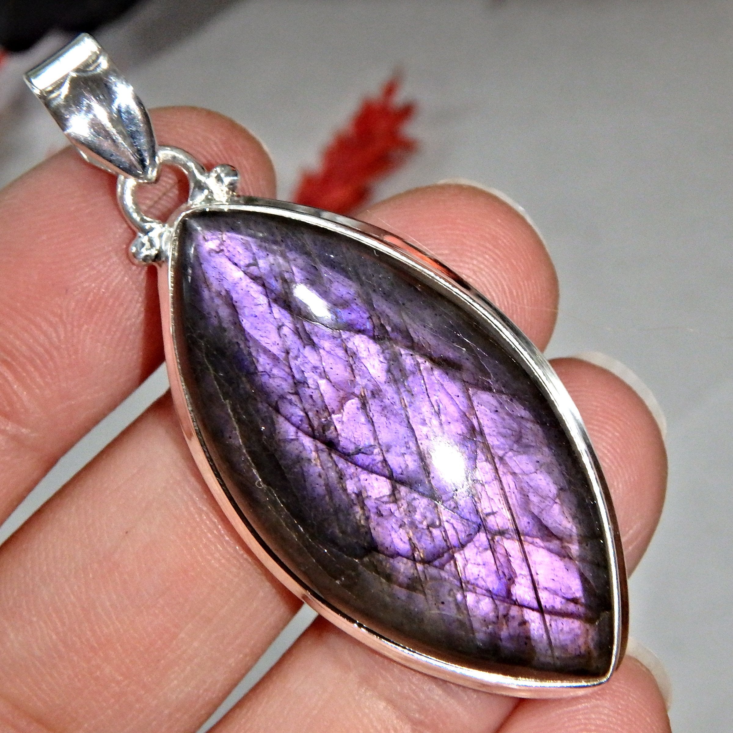 Rare-Intense Deep Purple Flash Labradorite Pendant in Sterling Silver ( Includes Silver Chain)