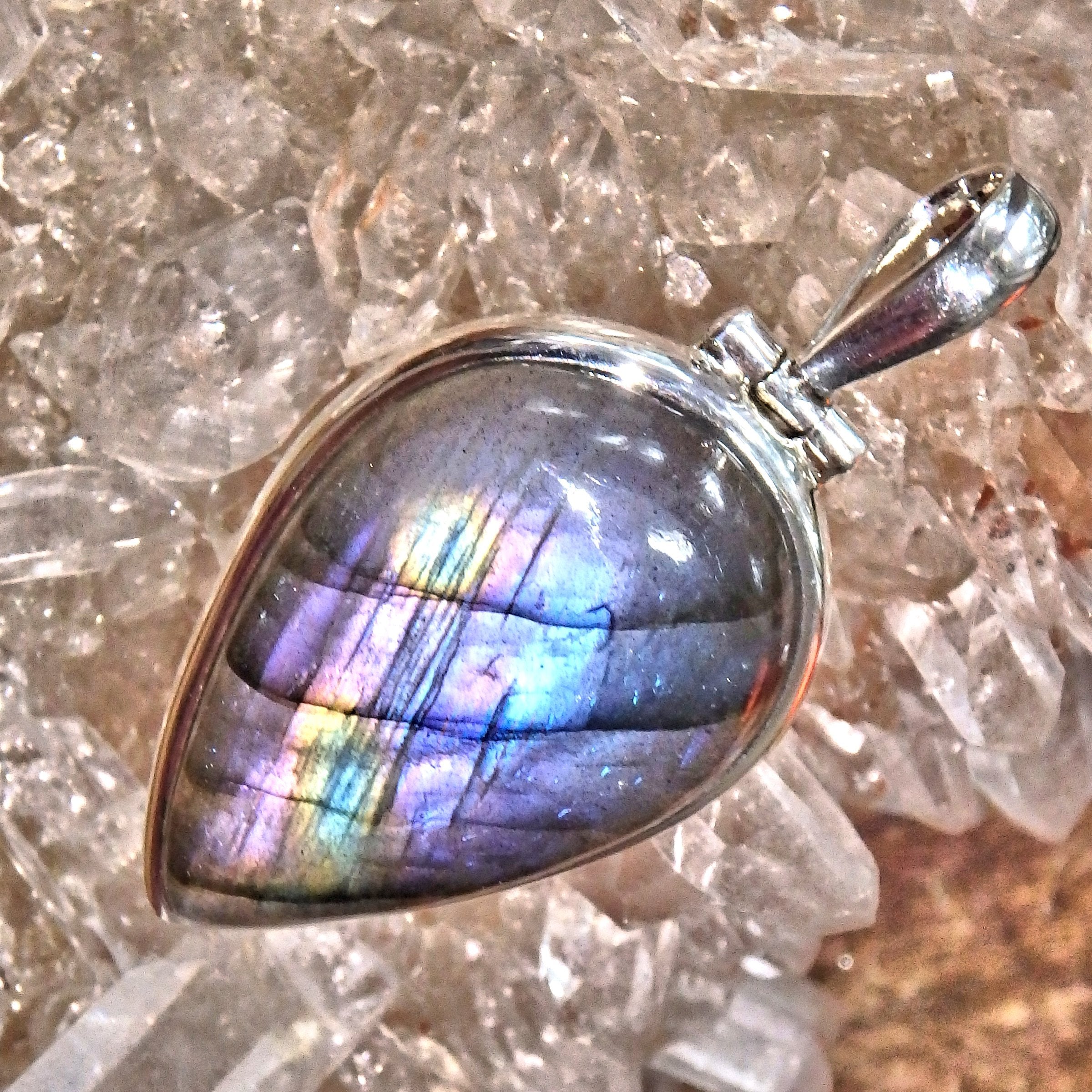 Rare Purple Pink & Rainbows Flashes Teardrop Labradorite Pendant in Sterling Silver (Includes Silver Chain)