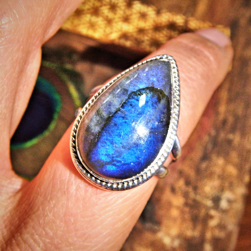 Teardrop Shape Cobalt Blue Labradorite Sterling Silver Ring (Size 9) - Earth Family Crystals