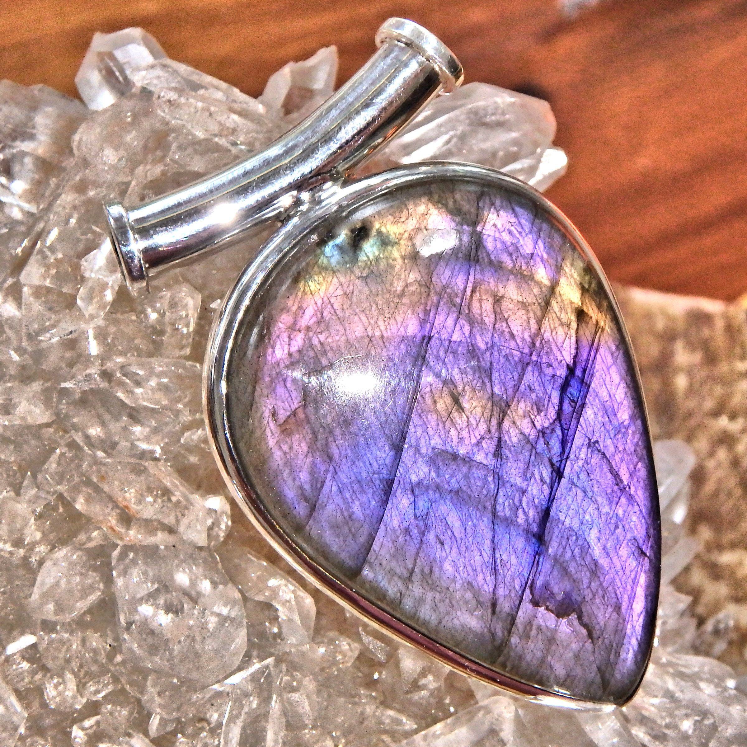 Chunky Majestic Purple & Pink Rare Flashes Labradorite Pendant in Sterling Silver (Includes Silver Chain) - Earth Family Crystals