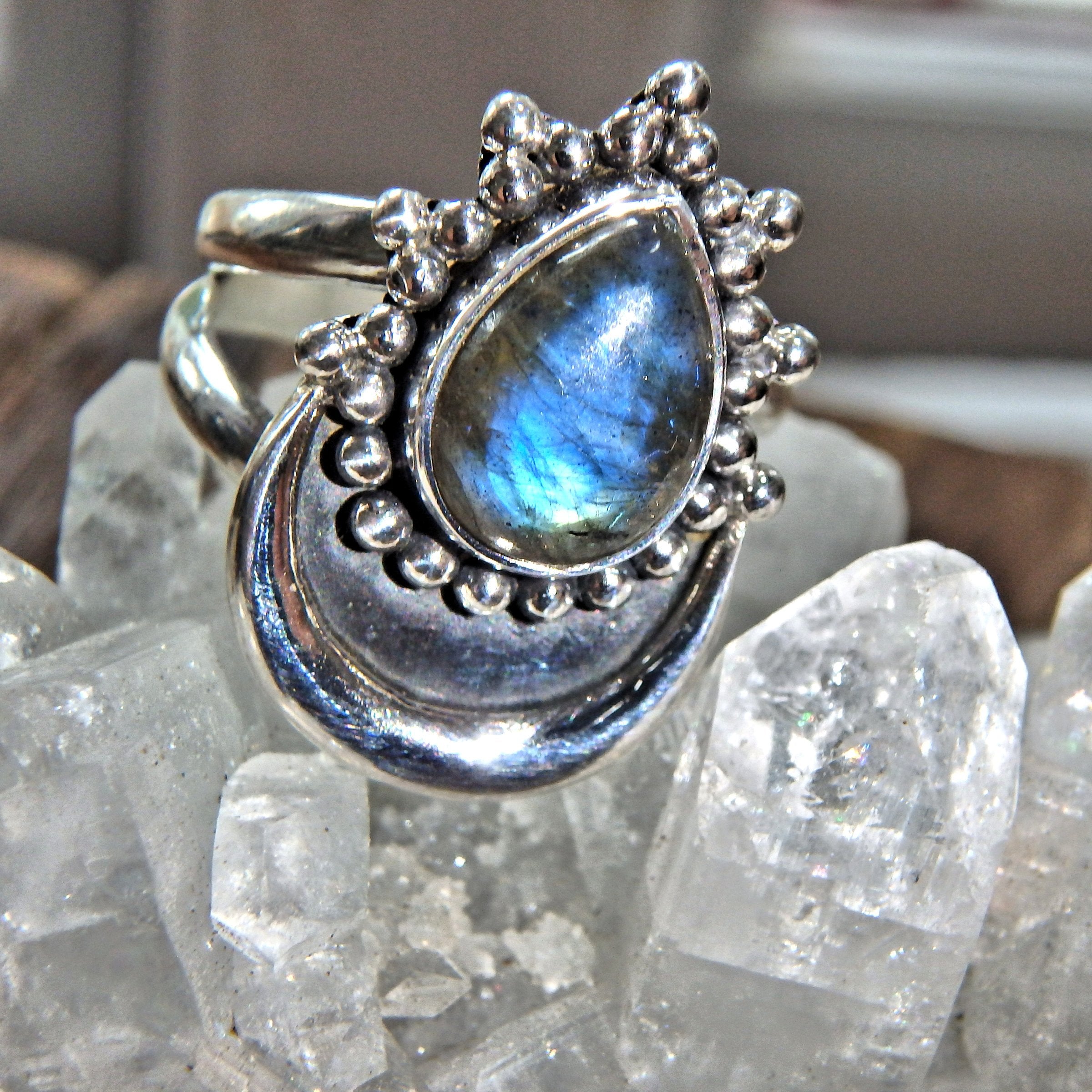 Trendy Crescent Moon & Blue Labradorite Sterling Silver Ring (Size 6) - Earth Family Crystals