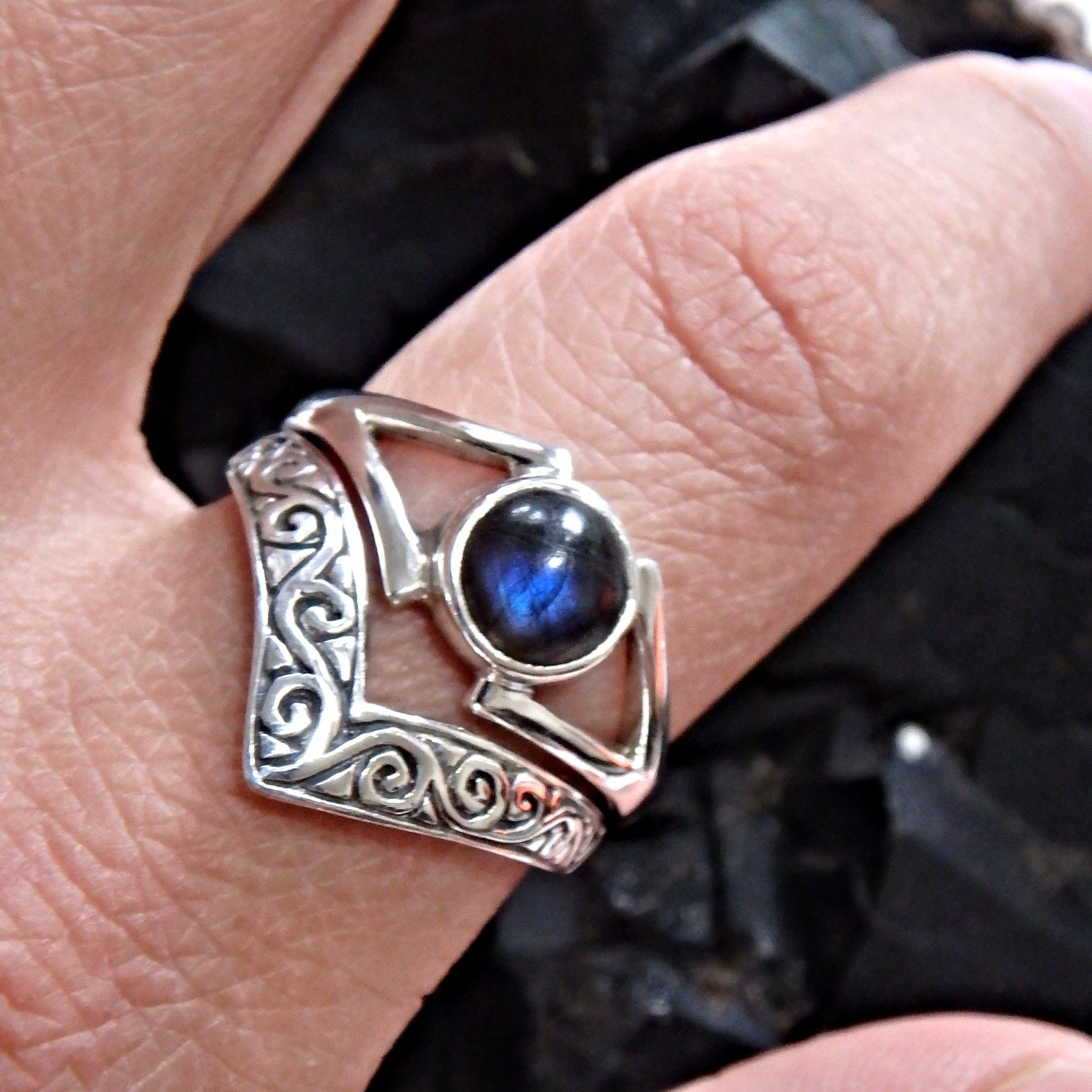 Elegant Deep Blue Labradorite Gemstone Ring in Sterling Silver (Size 9) - Earth Family Crystals