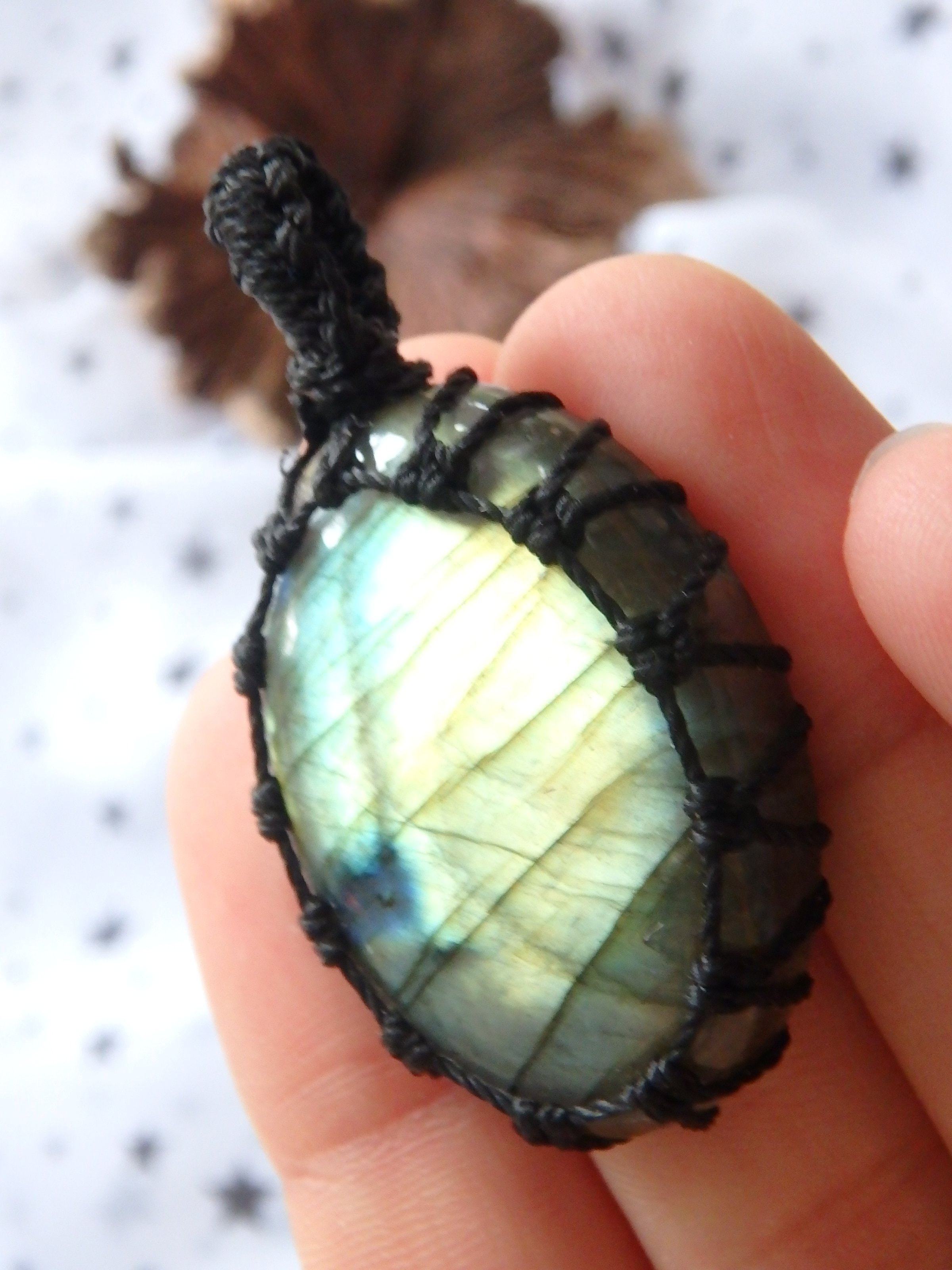 Dancing Golden Flashes Labradorite Macrame Pendant - Earth Family Crystals