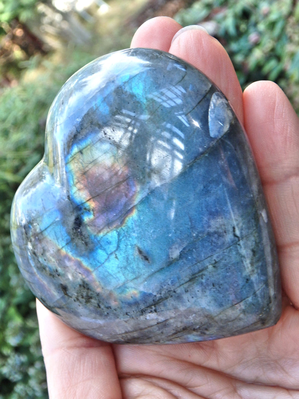 Foamy Blue Green and Rainbows Moving Flash Labradorite Heart - Earth Family Crystals