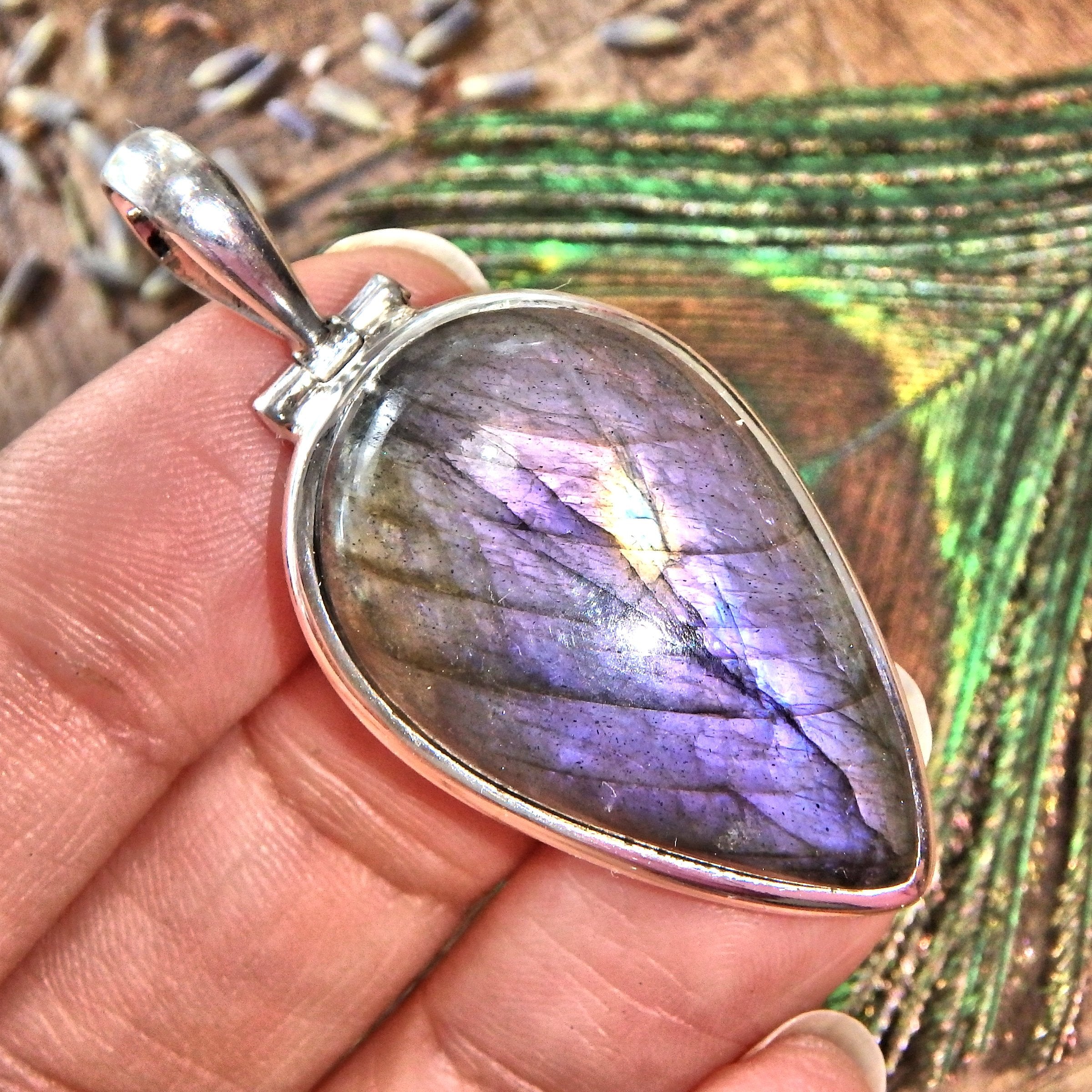 Stunning Purple & Pink Flash Labradorite Sterling Silver Pendant (Includes Silver Chain) - Earth Family Crystals