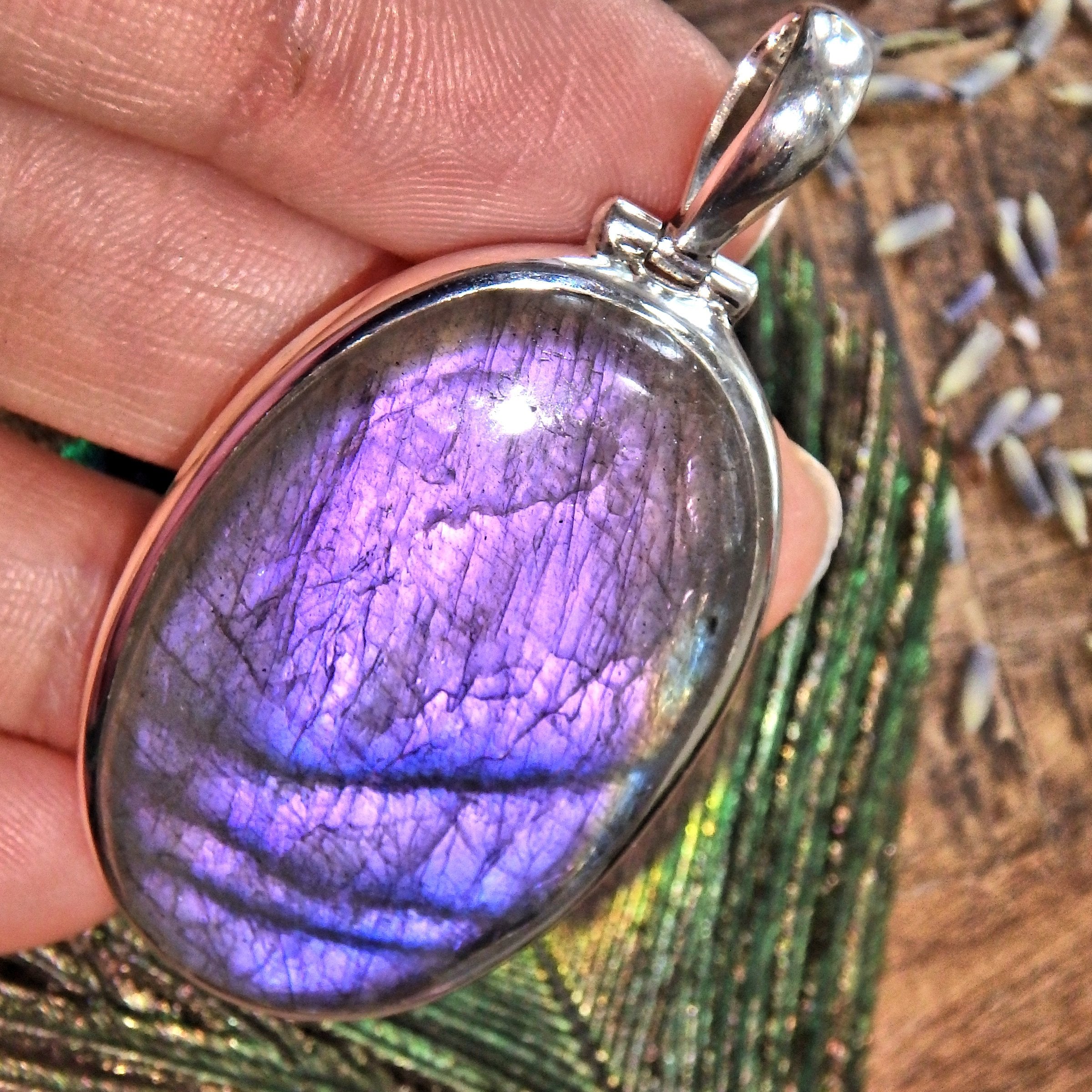 Rare Pink & Purple Moving Flash Labradorite Sterling Silver Pendant (Includes Silver Chain) - Earth Family Crystals