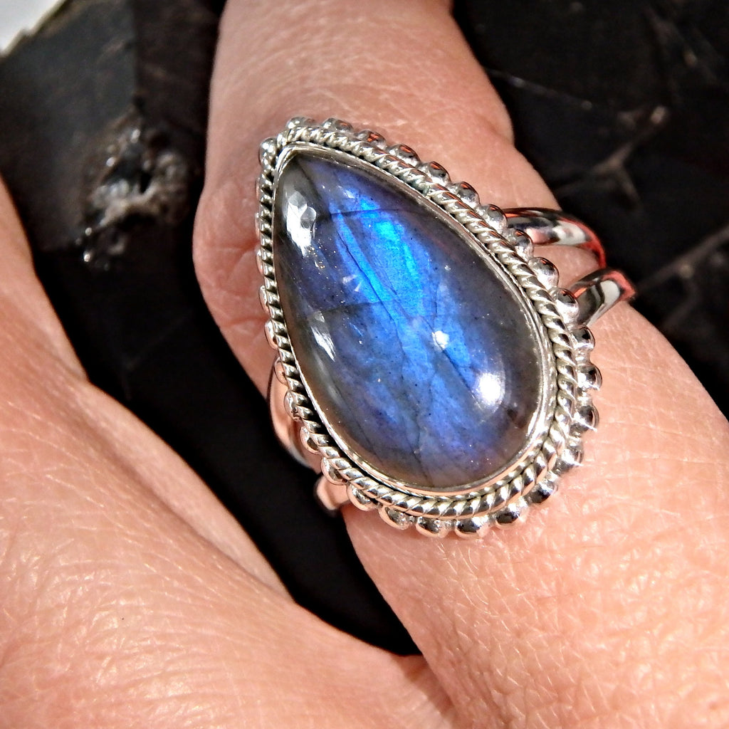 Raindrop Blue Labradorite  Gemstone Ring in Sterling Silver (Size 9) - Earth Family Crystals