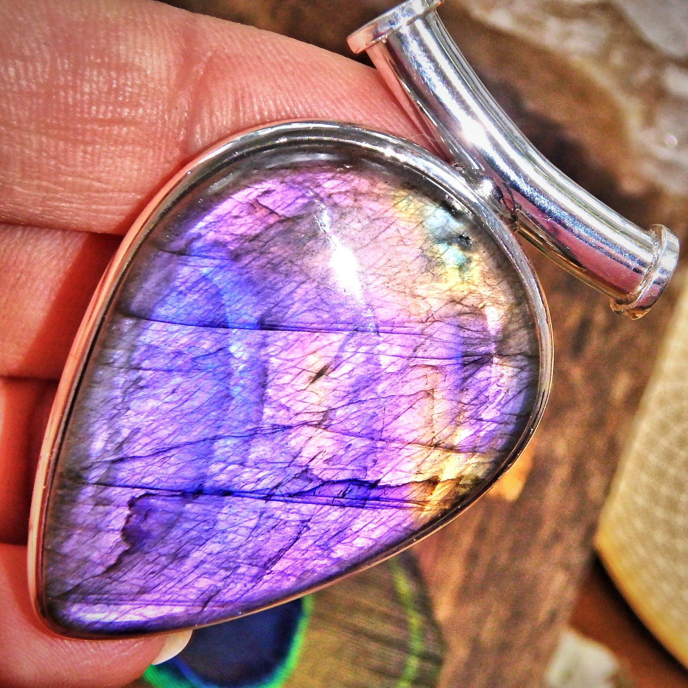 Chunky Majestic Purple & Pink Rare Flashes Labradorite Pendant in Sterling Silver (Includes Silver Chain) - Earth Family Crystals