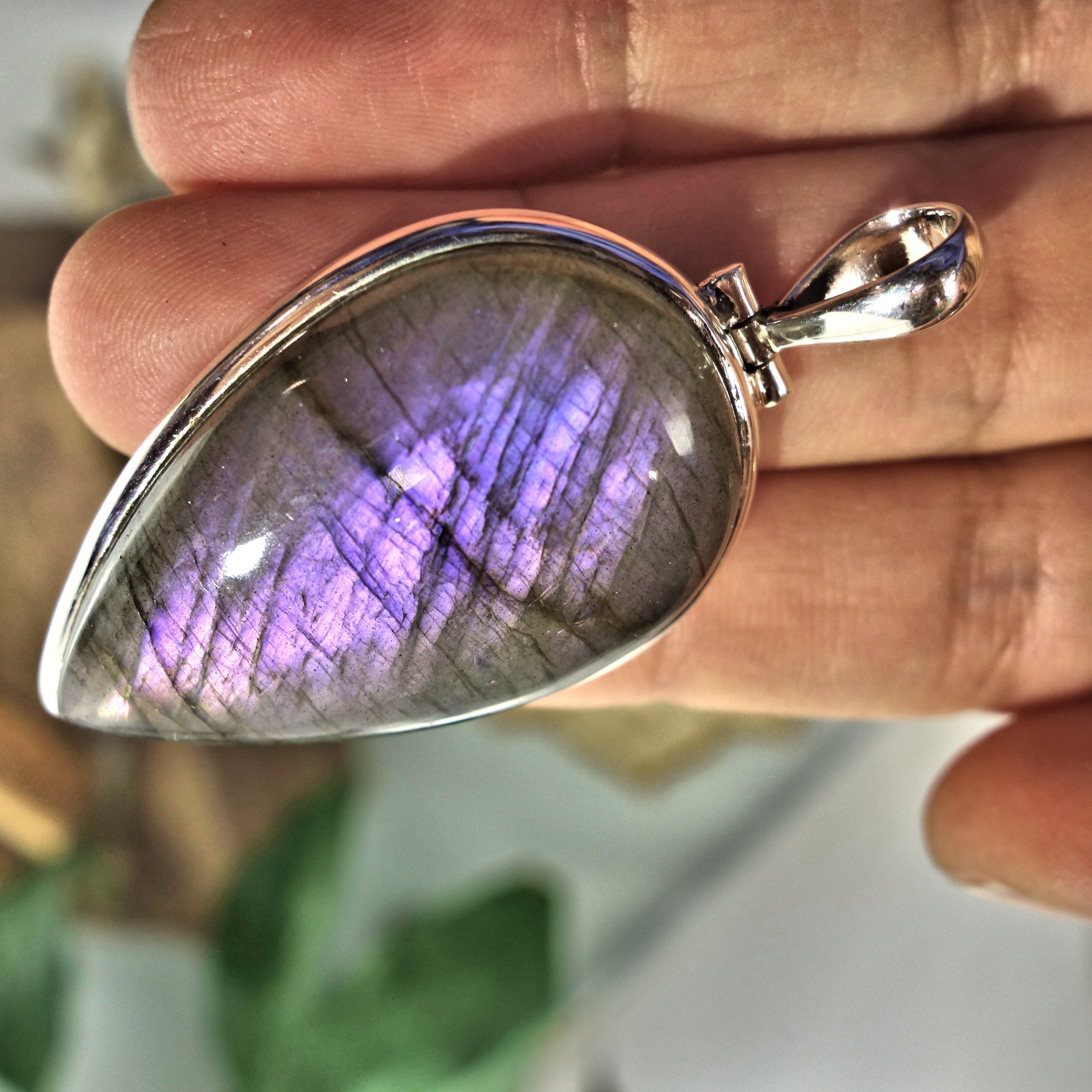 Rare! Gorgeous Large Frosty  Purple & Pink Flashes Labradorite Pendant in Sterling Silver (Includes Silver Chain)