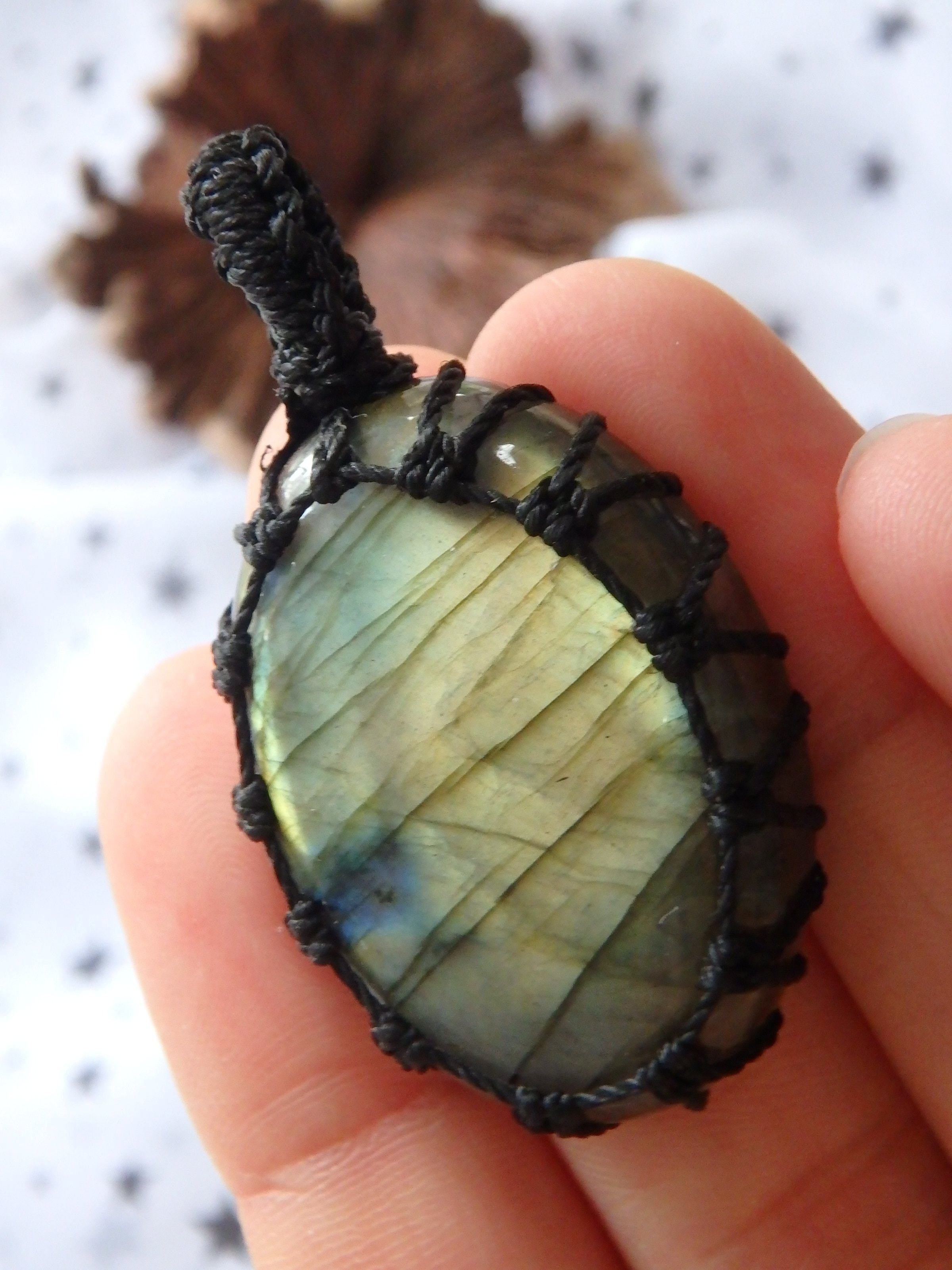 Dancing Golden Flashes Labradorite Macrame Pendant - Earth Family Crystals