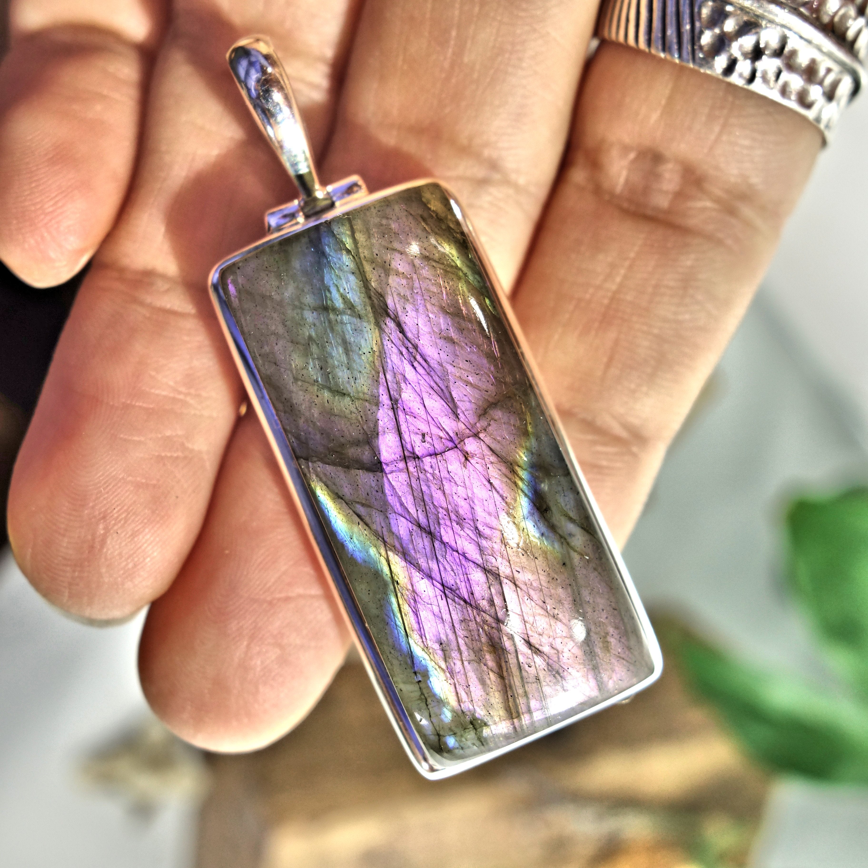 Rare! Large Purple & Pink Flash Labradorite Pendant in Sterling Silver (Includes Silver Chain)