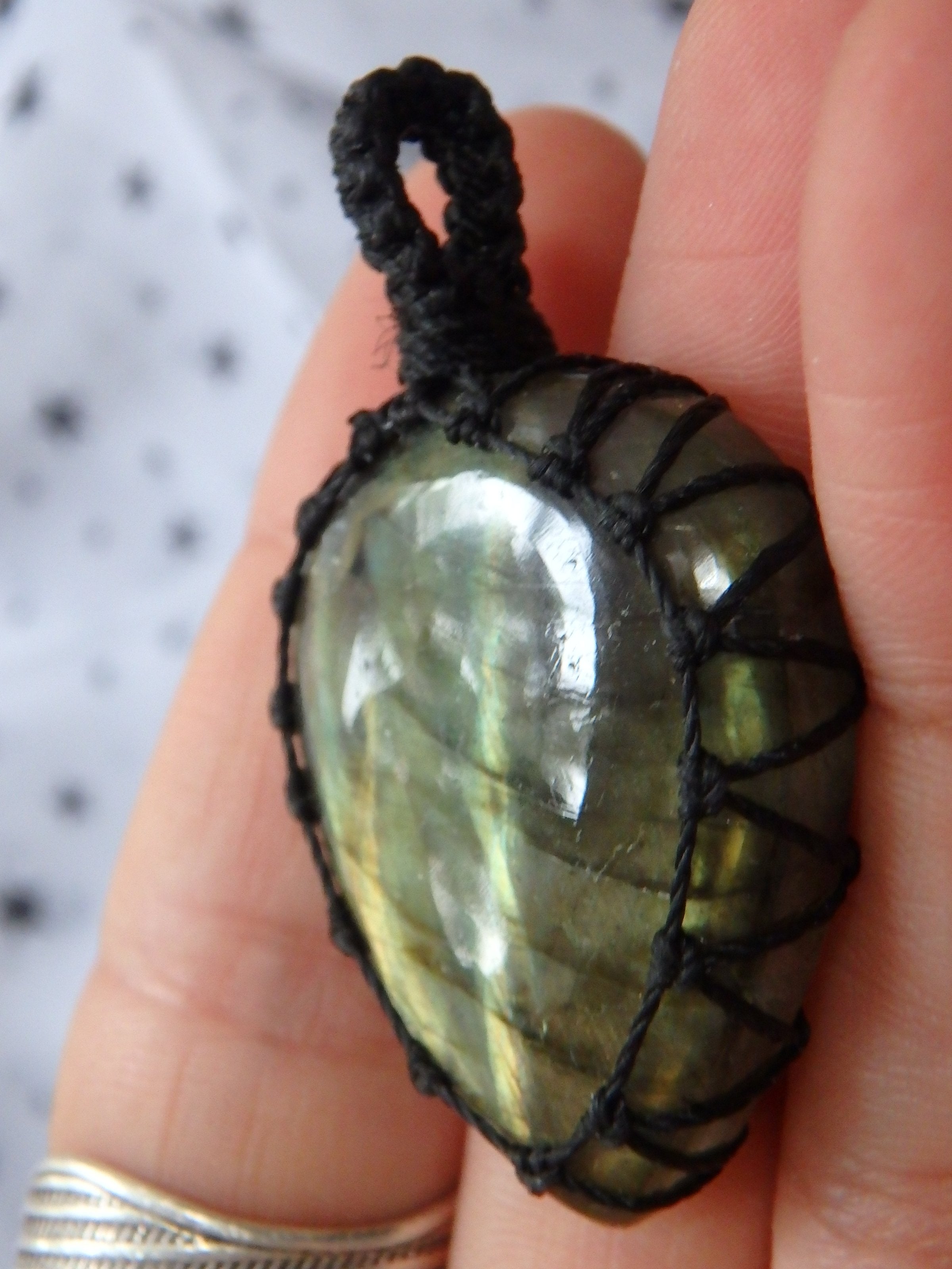 Flashes of Gold & Green Labradorite Macrame Pendant - Earth Family Crystals
