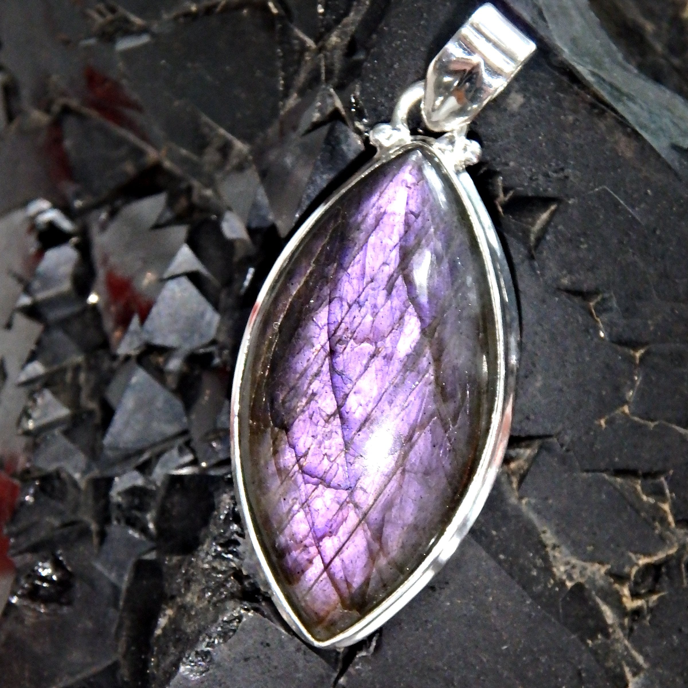 Rare-Intense Deep Purple Flash Labradorite Pendant in Sterling Silver ( Includes Silver Chain)