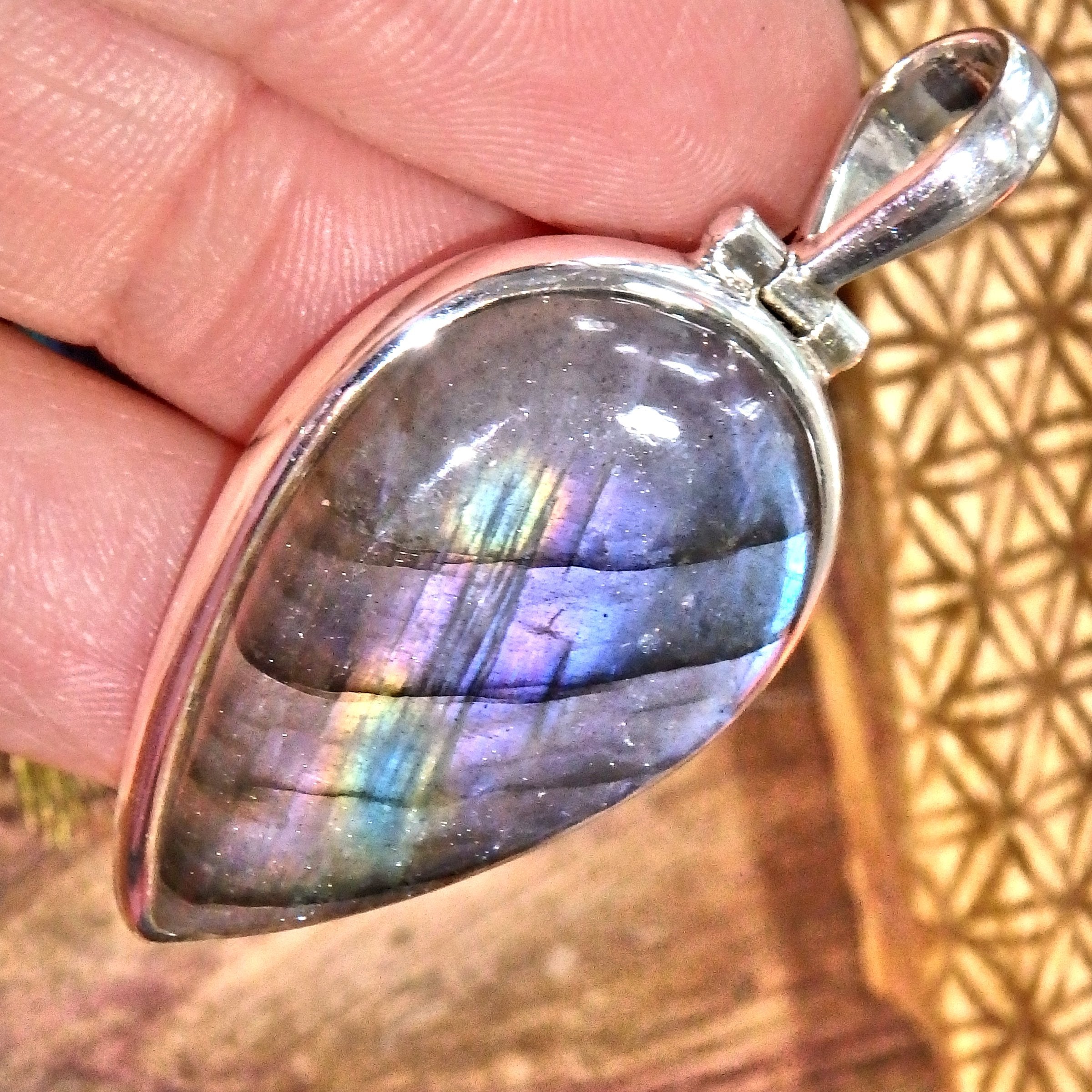 Rare Purple Pink & Rainbows Flashes Teardrop Labradorite Pendant in Sterling Silver (Includes Silver Chain)