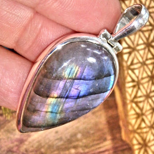 Rare Purple Pink & Rainbows Flashes Teardrop Labradorite Pendant in Sterling Silver (Includes Silver Chain)