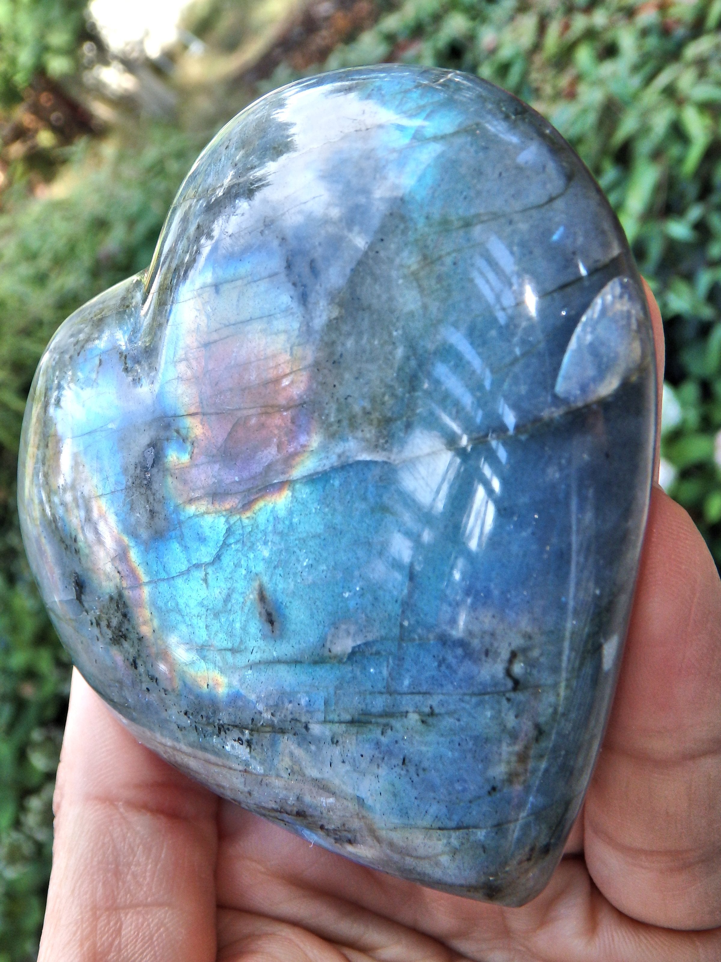 Foamy Blue Green and Rainbows Moving Flash Labradorite Heart - Earth Family Crystals