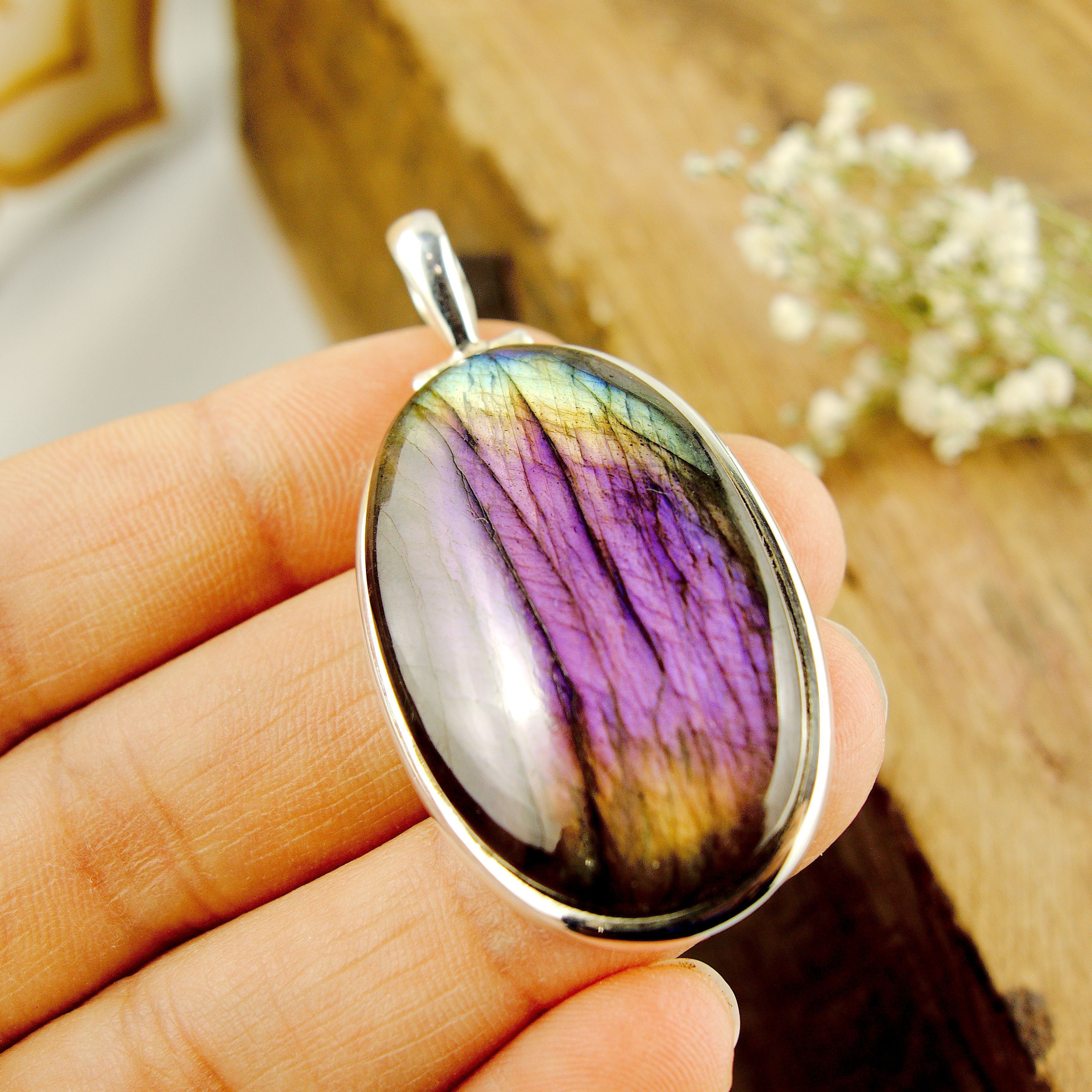 Deep Purple & Pink Rainbow Labradorite Large Pendant in Sterling Silver (Includes Silver Chain) - Earth Family Crystals