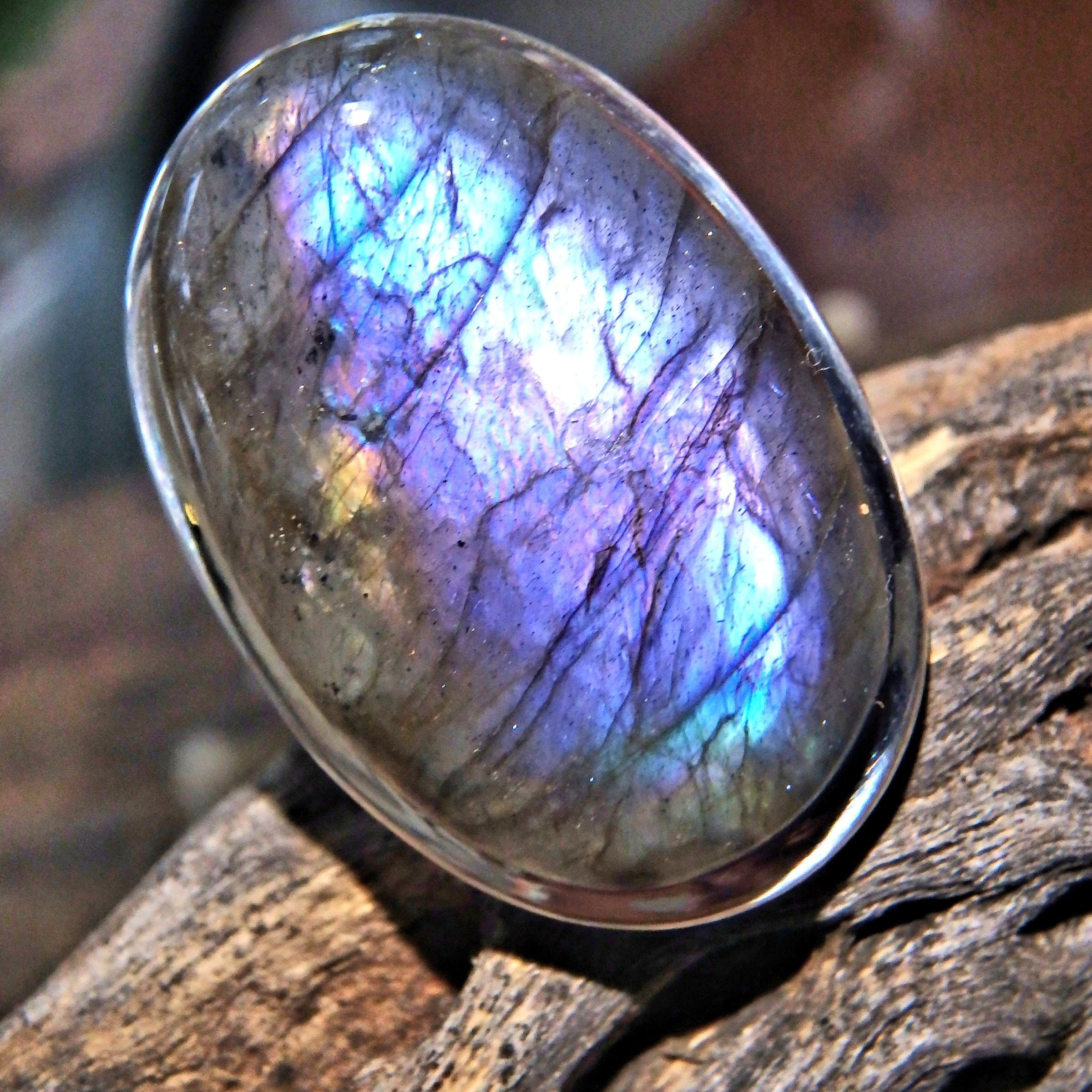 Chunky Rare Optical Dark Purple Flashes Labradorite Ring in Sterling Silver (Size 9.5) - Earth Family Crystals