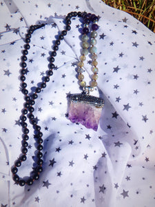 Beautiful Labradorite, Amethyst &  Obsidian Beads Long Necklace With Floating Amethyst Pendant - Earth Family Crystals