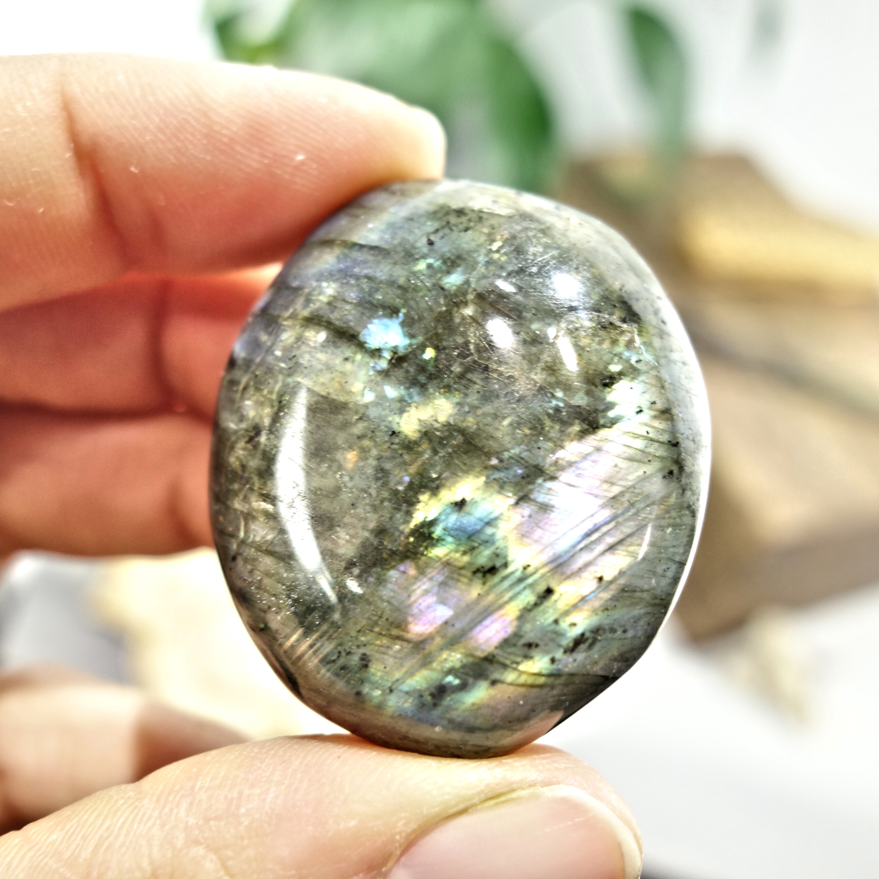 Rare Blushing Purple & Pink Inclusions Labradorite Handheld Palm Stone 3 - Earth Family Crystals