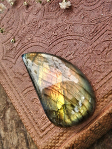 Pretty Teardrop Peachy Pink & Golden Flash Labradorite Cabochon - Earth Family Crystals