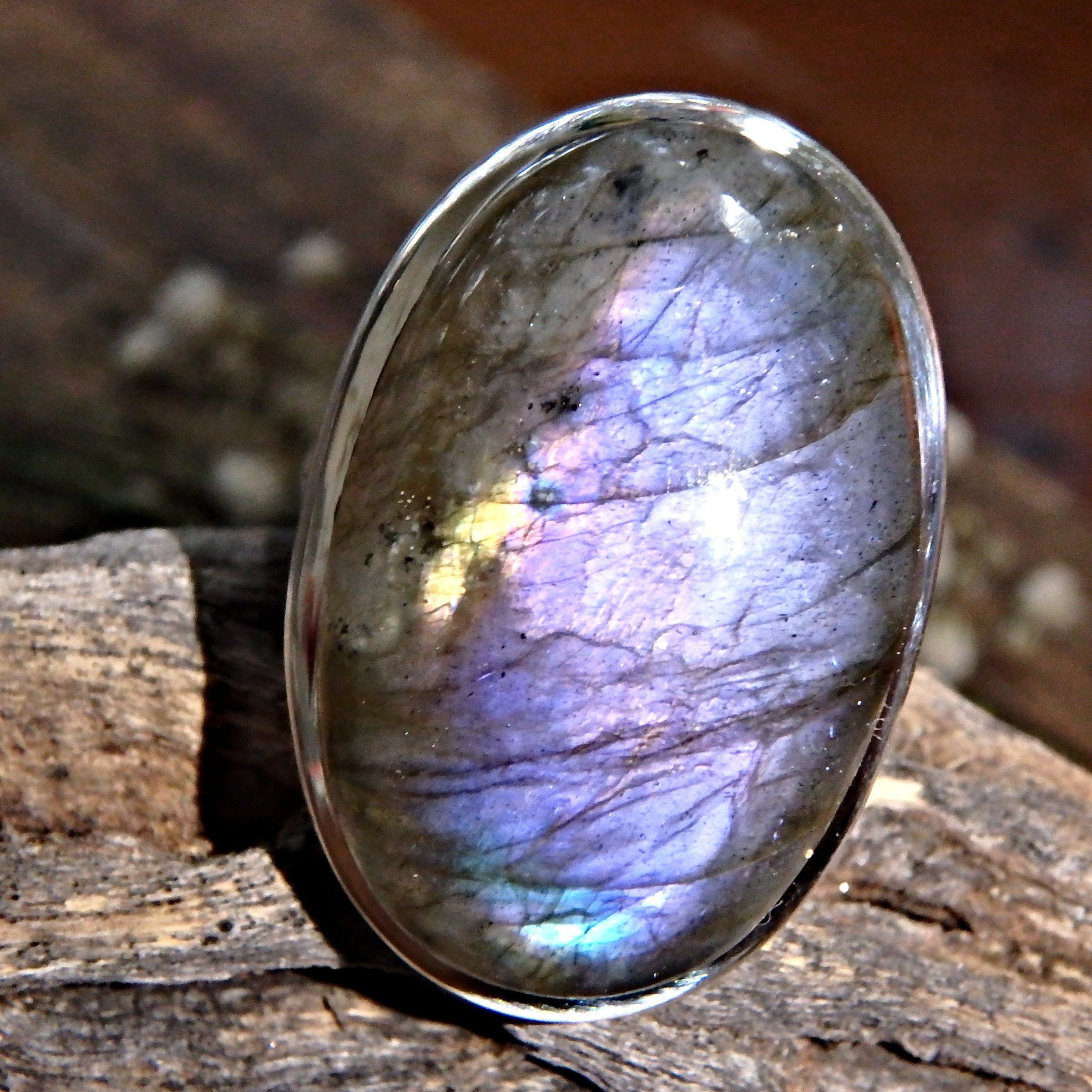 Chunky Rare Optical Dark Purple Flashes Labradorite Ring in Sterling Silver (Size 9.5) - Earth Family Crystals