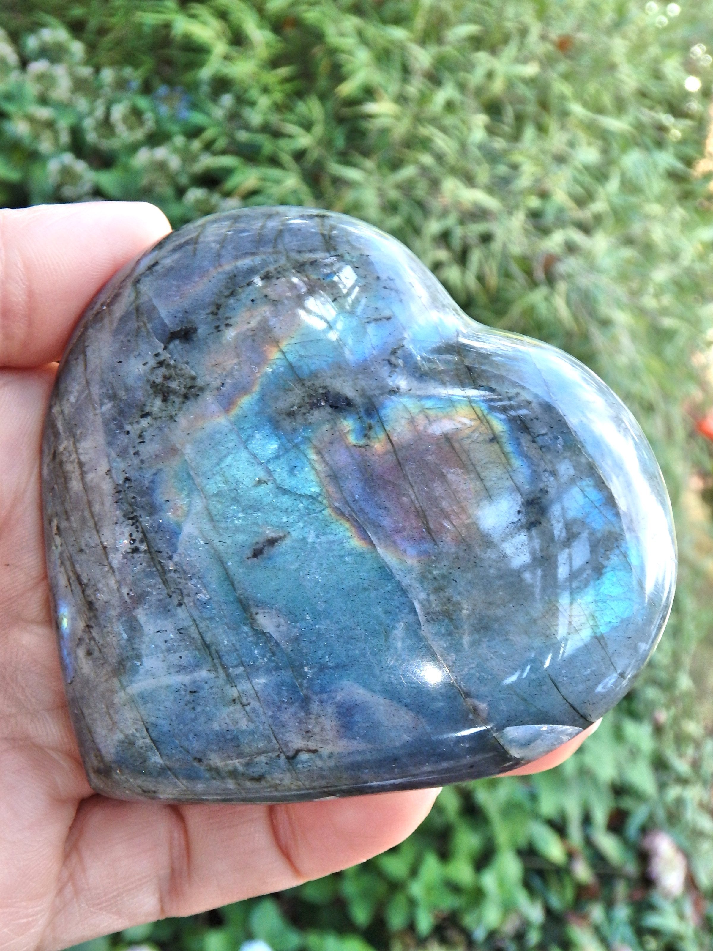 Foamy Blue Green and Rainbows Moving Flash Labradorite Heart - Earth Family Crystals