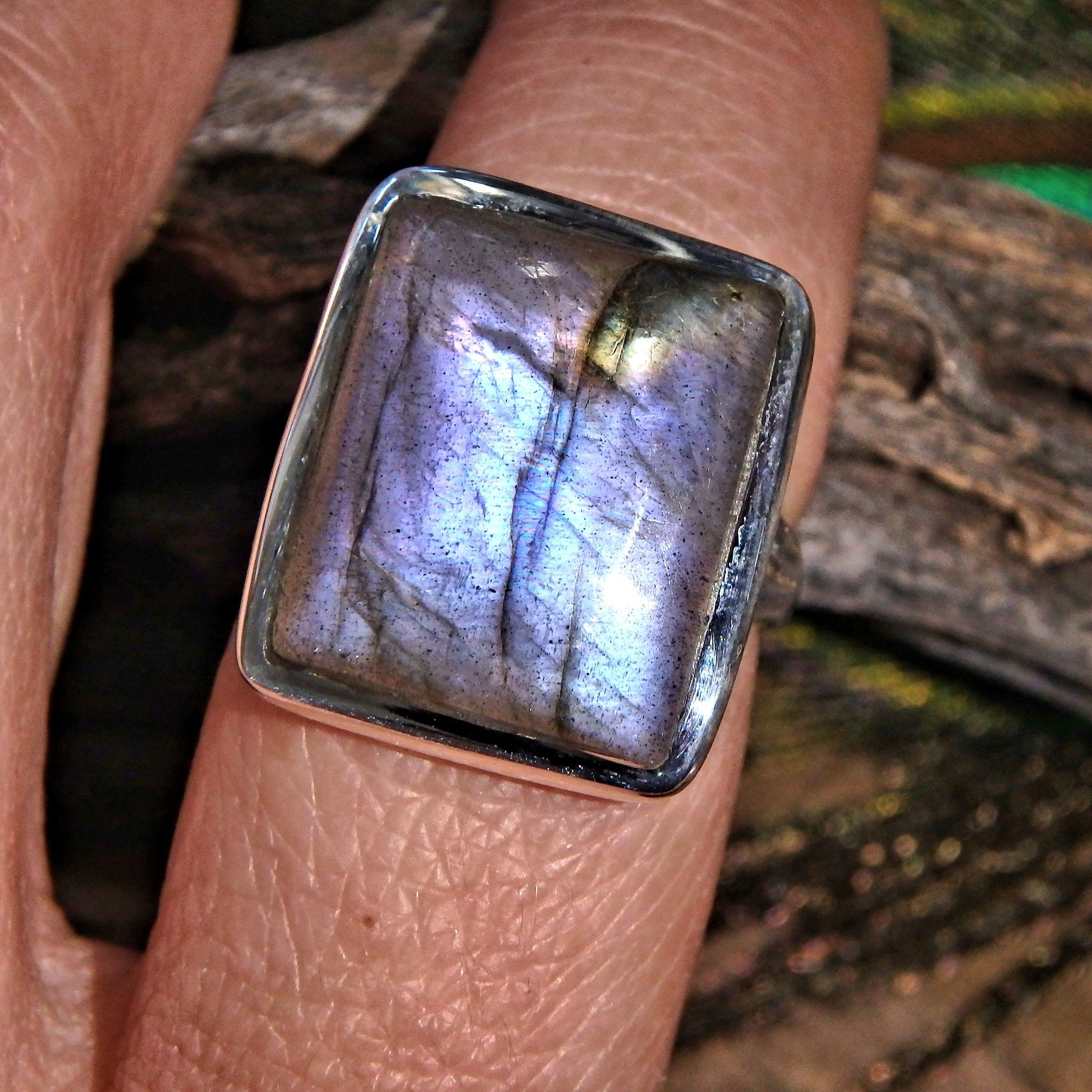 Beauitful Rare Purple Flash Labradorite Ring in Sterling Silver (Size 7) - Earth Family Crystals