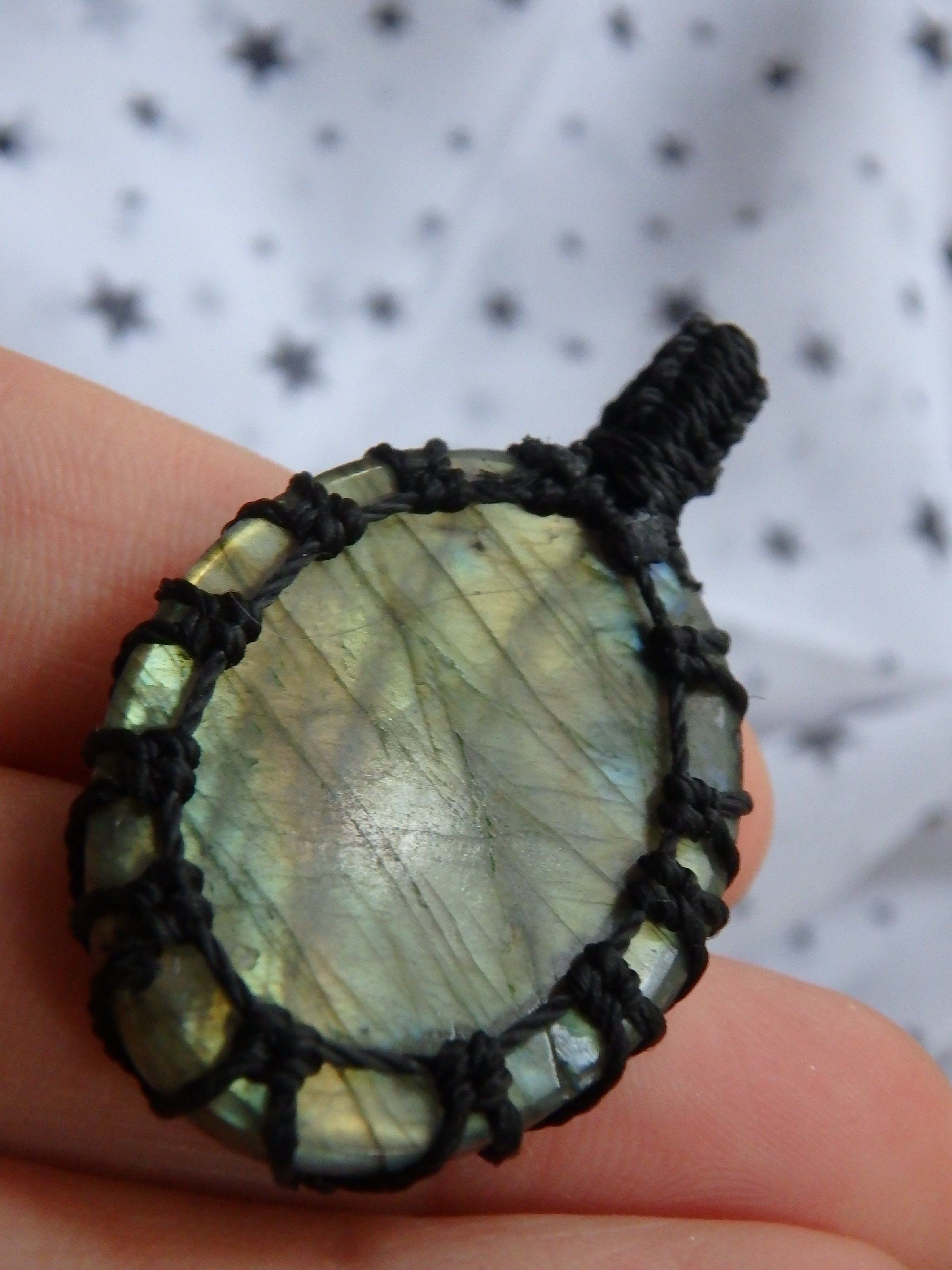 Dancing Golden Flashes Labradorite Macrame Pendant - Earth Family Crystals