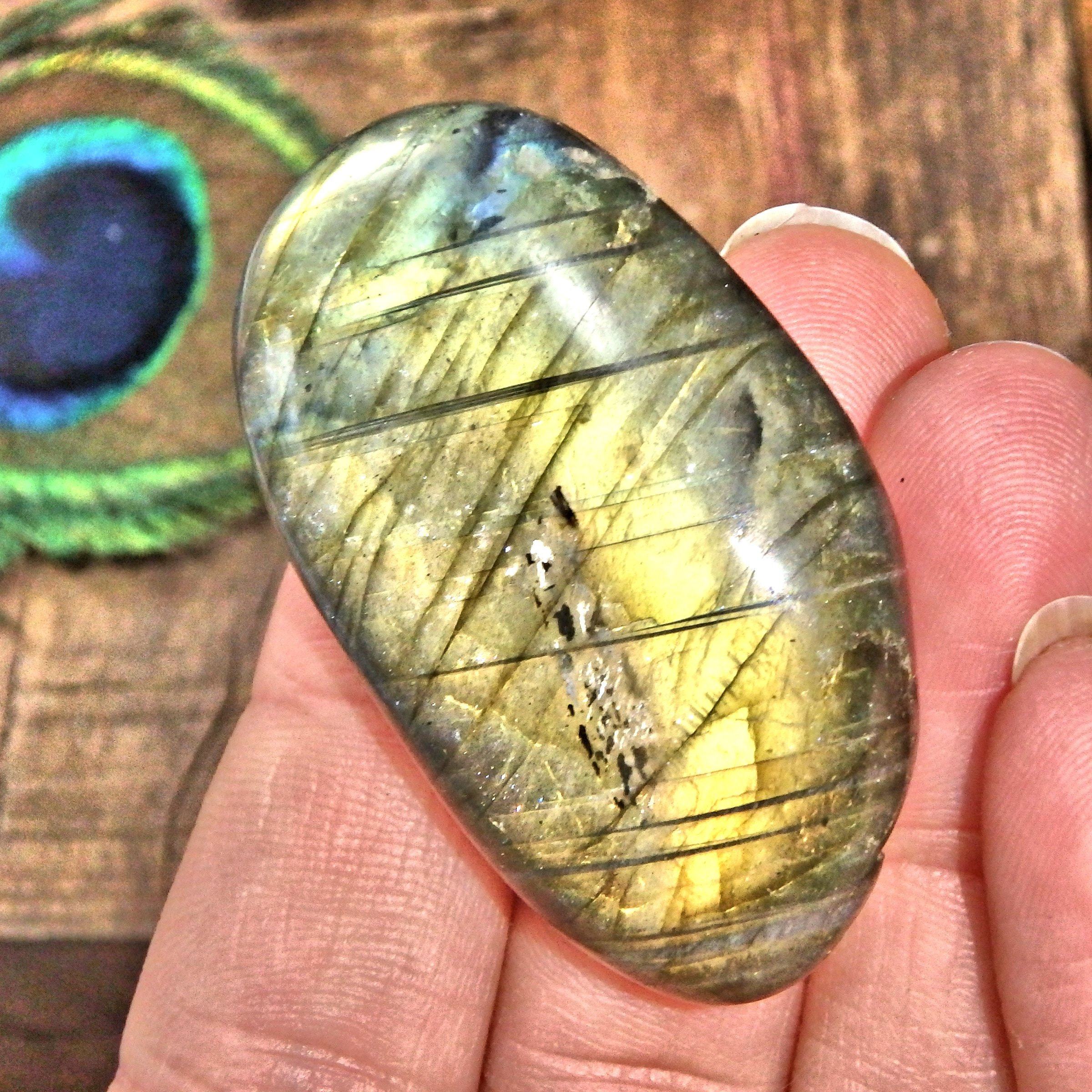 Brilliant Yellow Flash Labradorite Palm Stone 8 - Earth Family Crystals