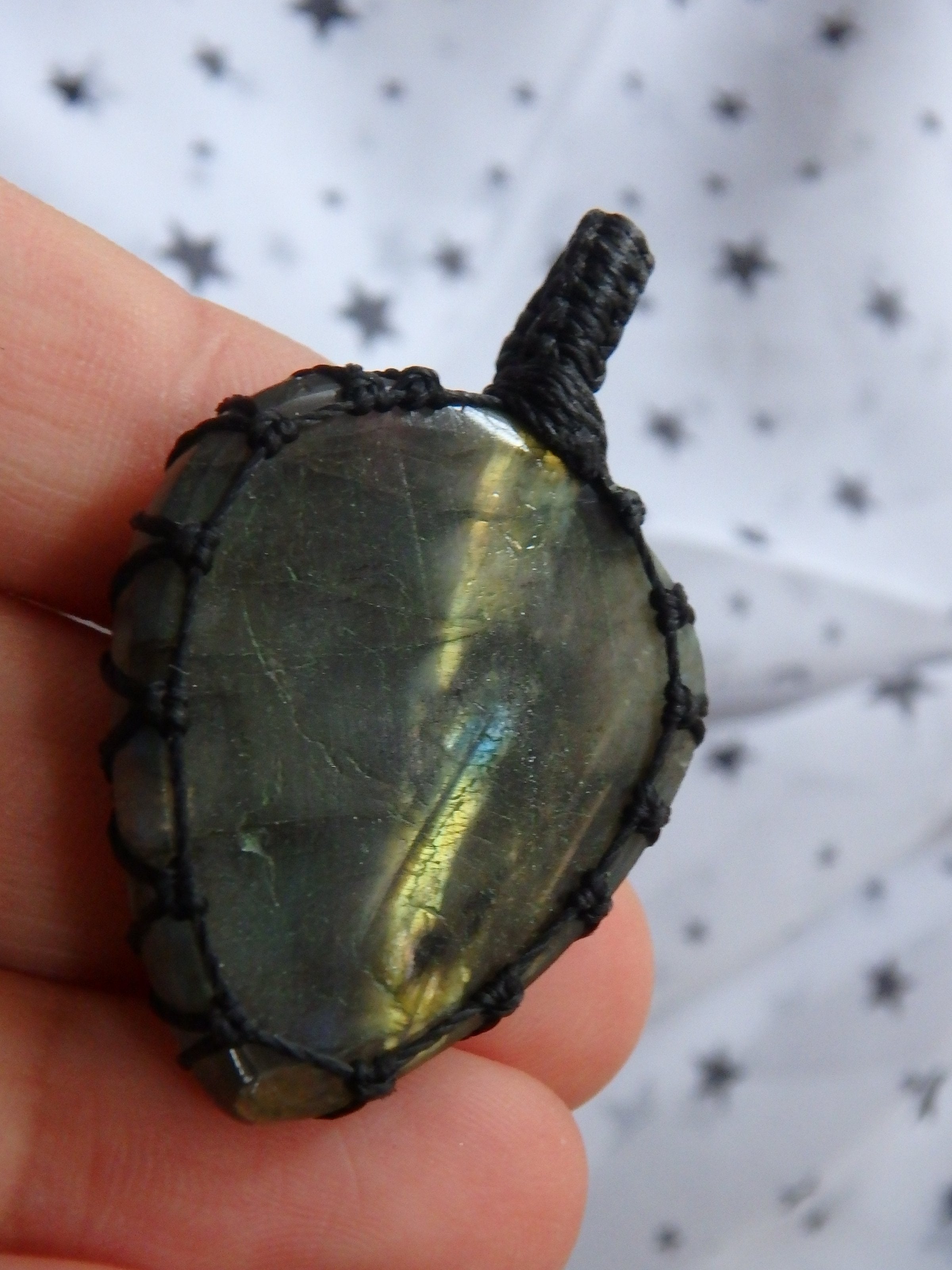 Flashes of Gold & Green Labradorite Macrame Pendant - Earth Family Crystals