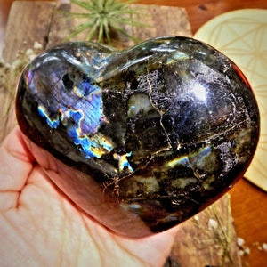 Rainbows of Flash Large Labradorite Love Heart with Satin Black Shimmer - Earth Family Crystals