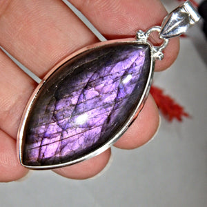 Rare-Intense Deep Purple Flash Labradorite Pendant in Sterling Silver ( Includes Silver Chain)