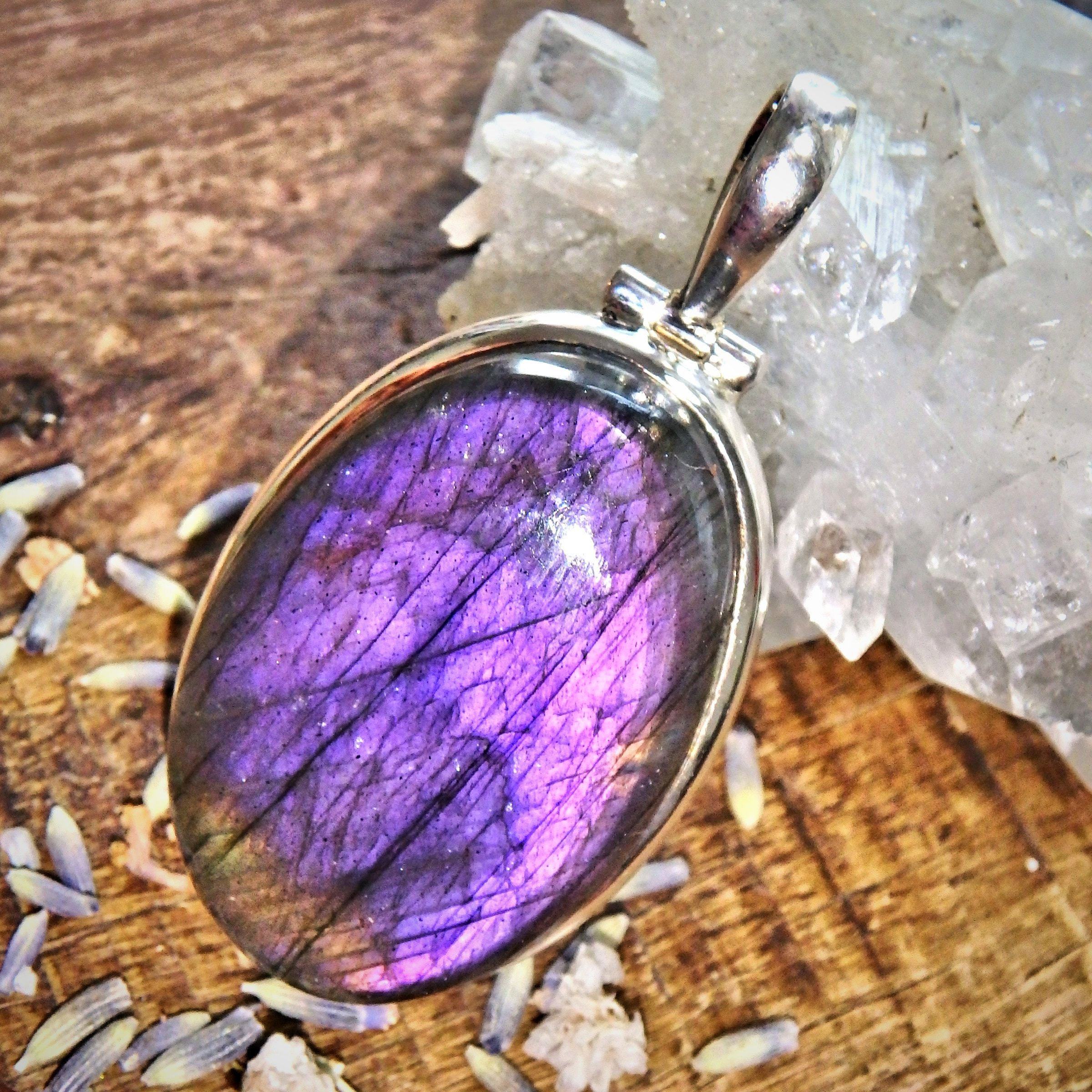 Chunky Rare Purple Glow Labradorite Sterling Silver Pendant (Includes Silver Chain) - Earth Family Crystals