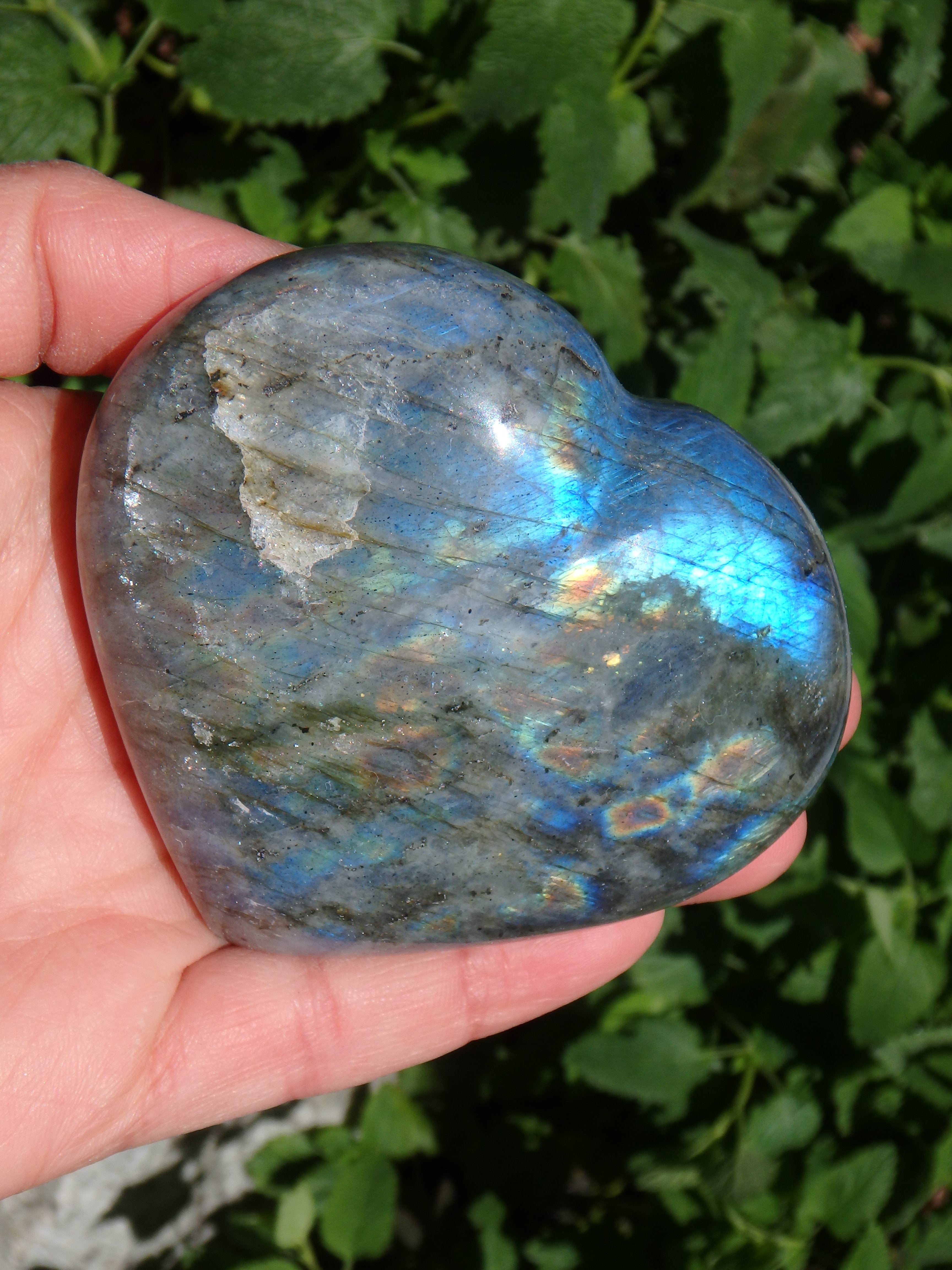 Peach Golden & Blue Flashes Labradorite Heart Carving From Madagascar - Earth Family Crystals