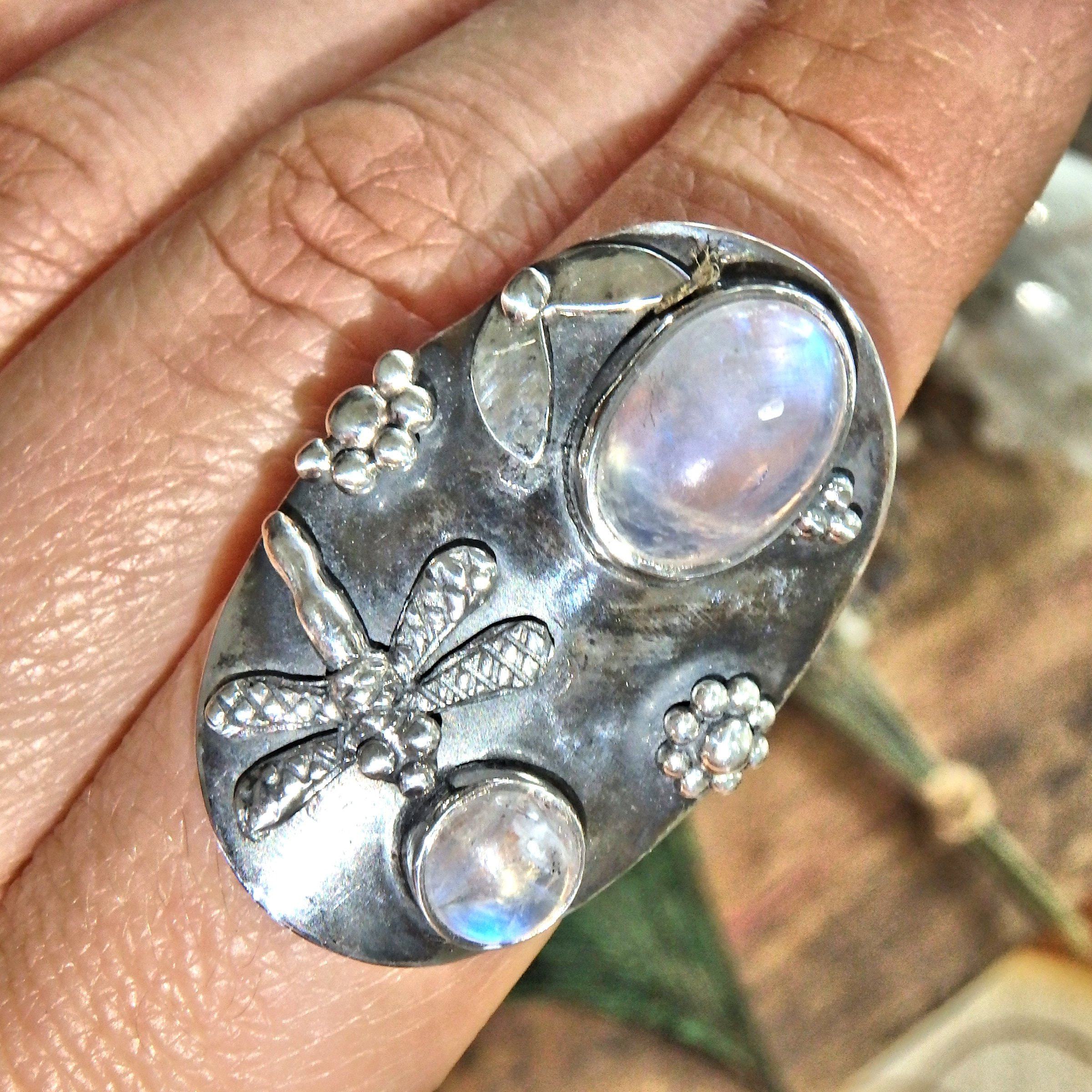Chunky Dragonfly & Rainbow Moonstone Ring In Sterling Silver (Size 8) - Earth Family Crystals