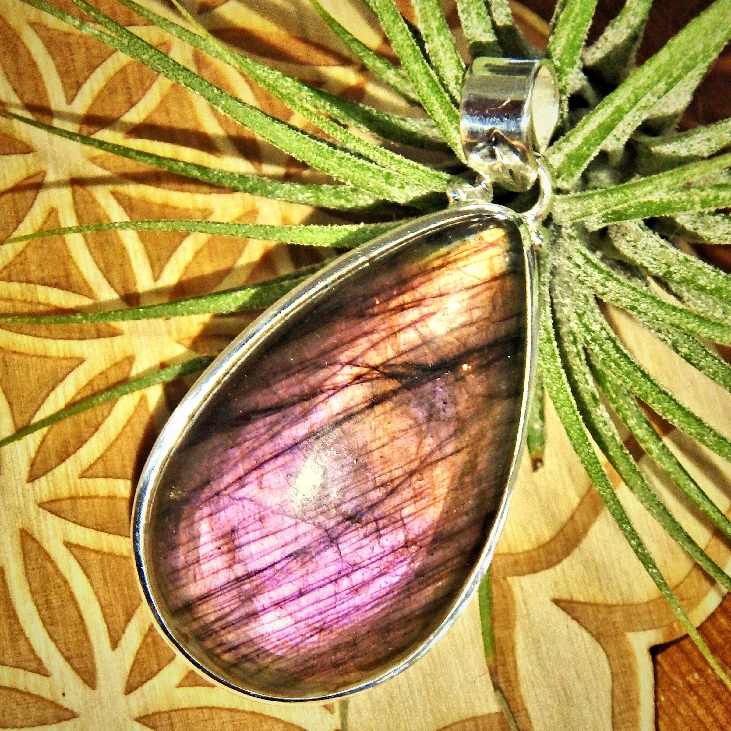 Frosty Pink & Purple Rare Flash Labradorite Sterling Silver Pendant (Includes Silver Chain) - Earth Family Crystals