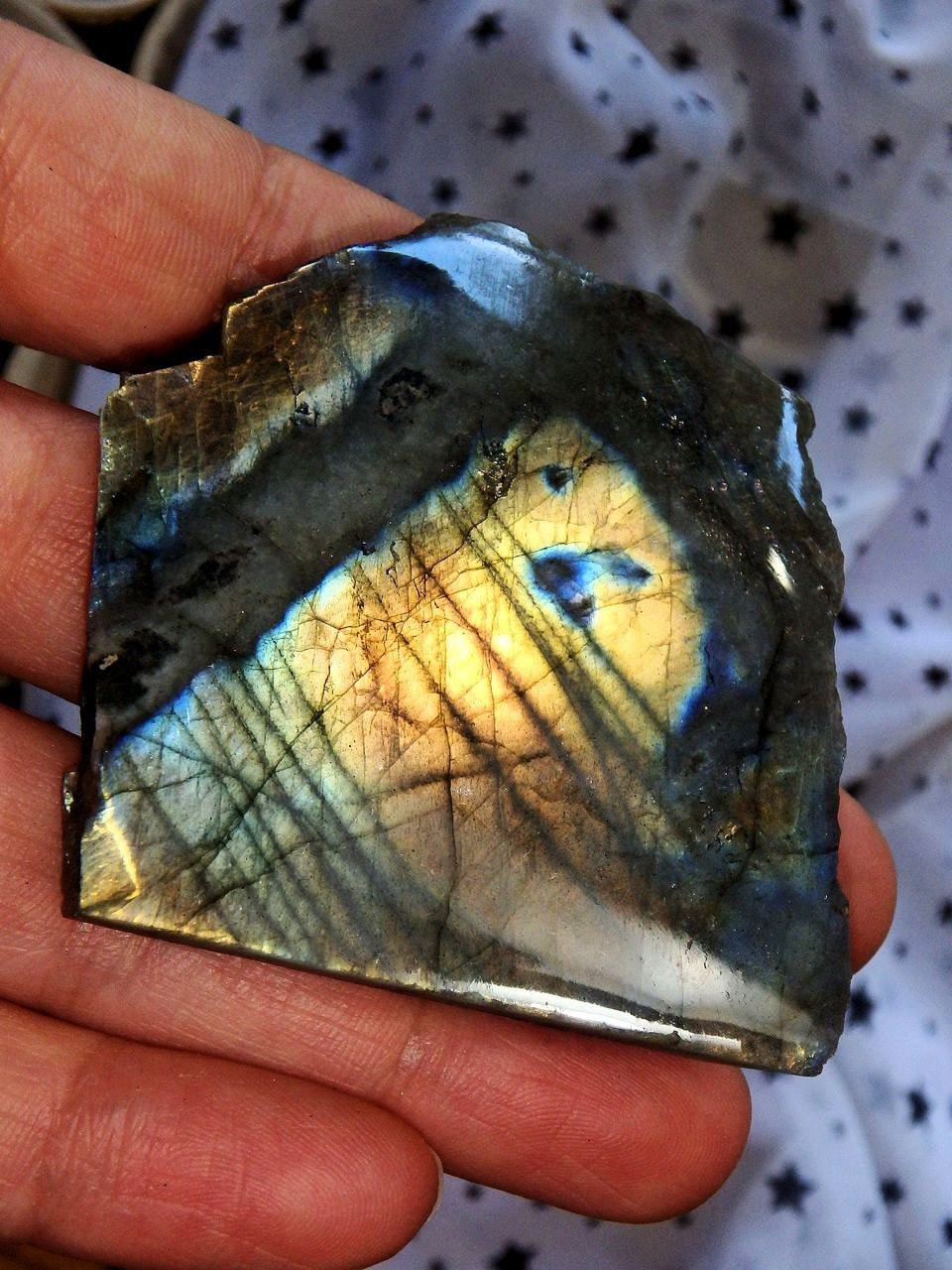 Bright Peach & Golden Flashes Labradorite Partially Polished Standing Specimen - Earth Family Crystals