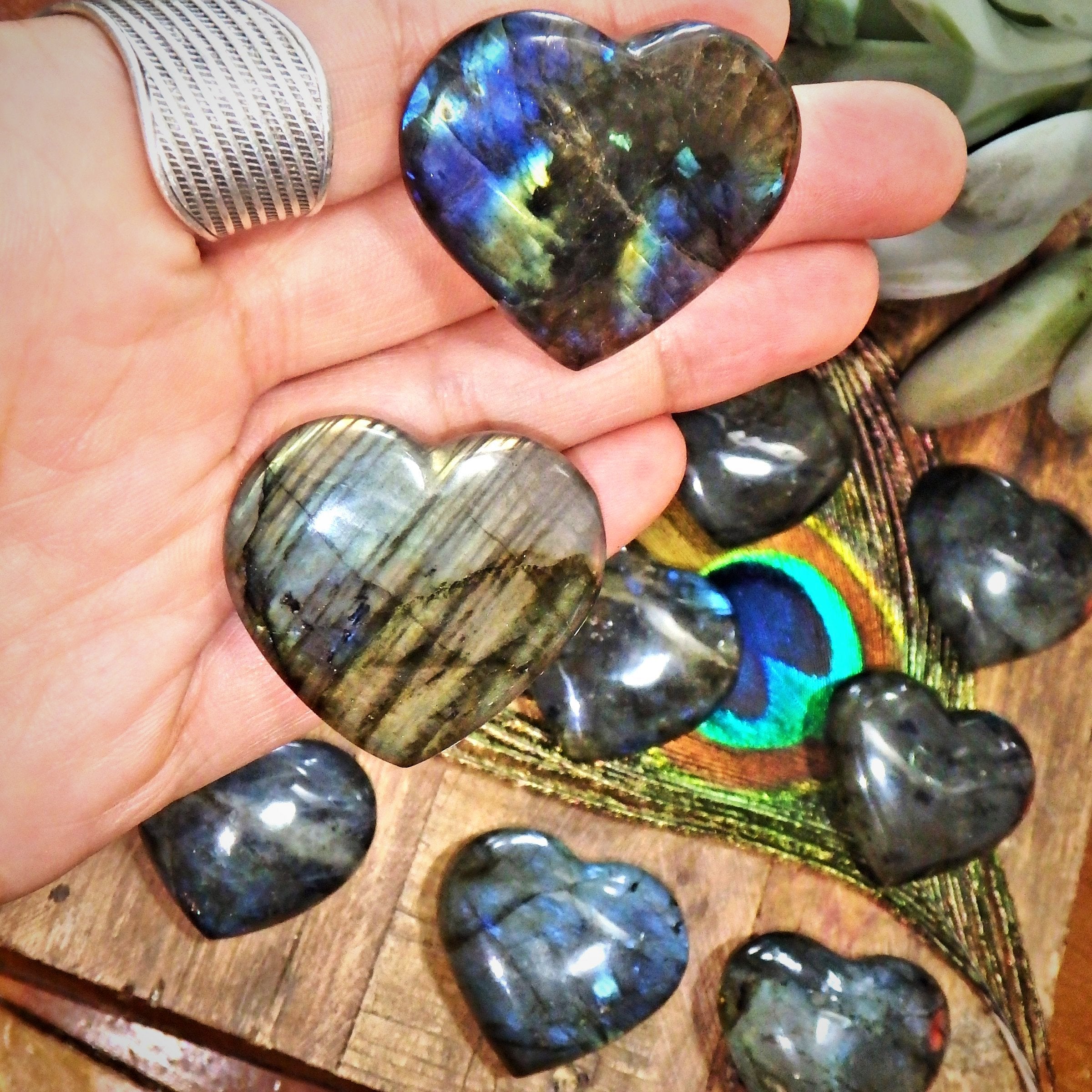 Set of 2 Hand Held Labradorite Pocket Hearts Perfect for Meditation