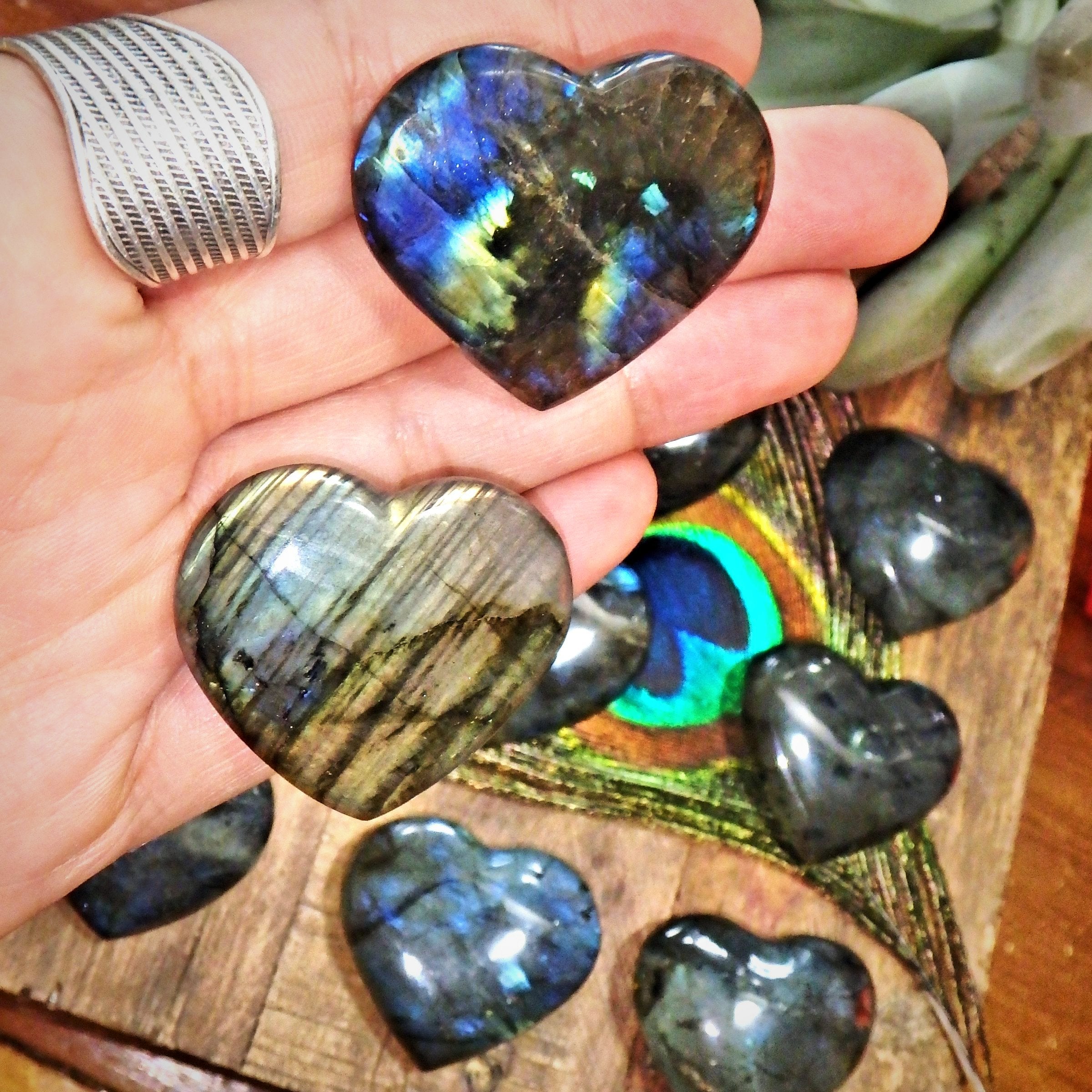 Set of 2 Hand Held Labradorite Pocket Hearts Perfect for Meditation